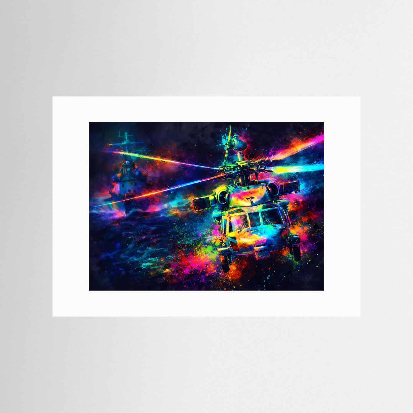 Abstraktes Hubschrauber-Poster im Querformat mit Neonfarben und weißem Rand