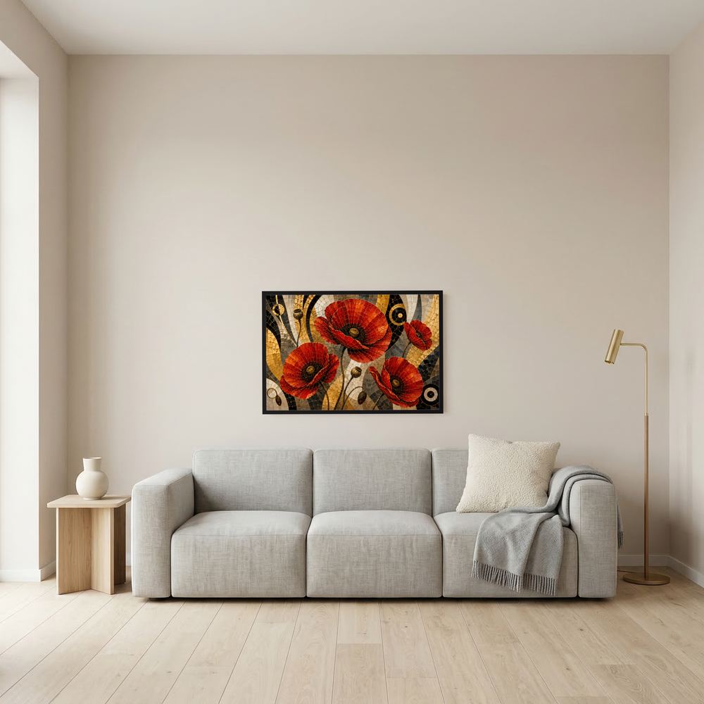 Wandbild/Poster mit Mohnblumen im Mosaikstil, rot, schwarz und gold, schwarz gerahmt