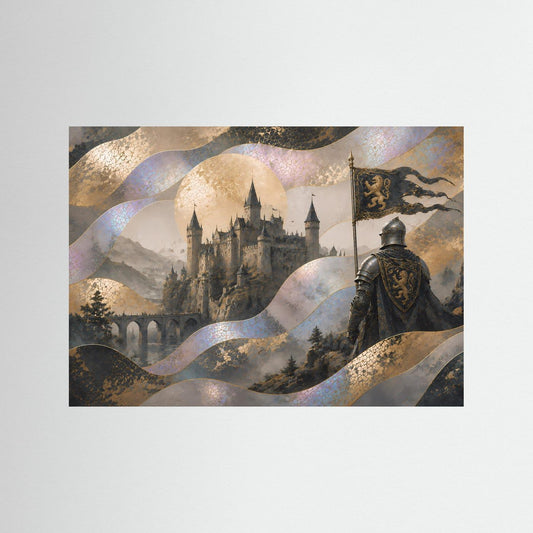 Mittelalter-Poster (Querformat) mit Burg im Nebel, goldenen Wellen und Ritterfigur