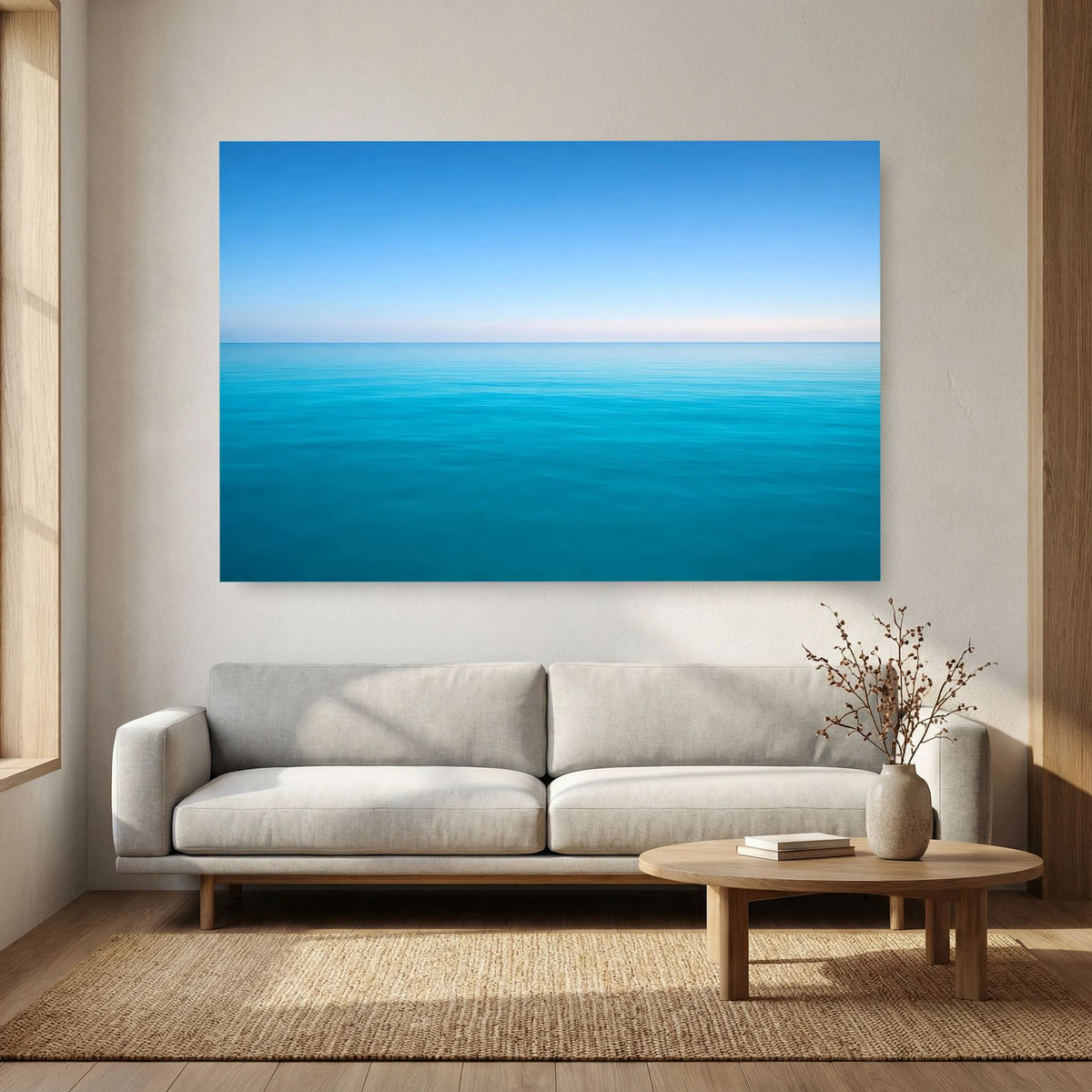 Horizont-Wandbild: ruhiges, türkisblaues Meer und heller blauer Himmel im Querformat