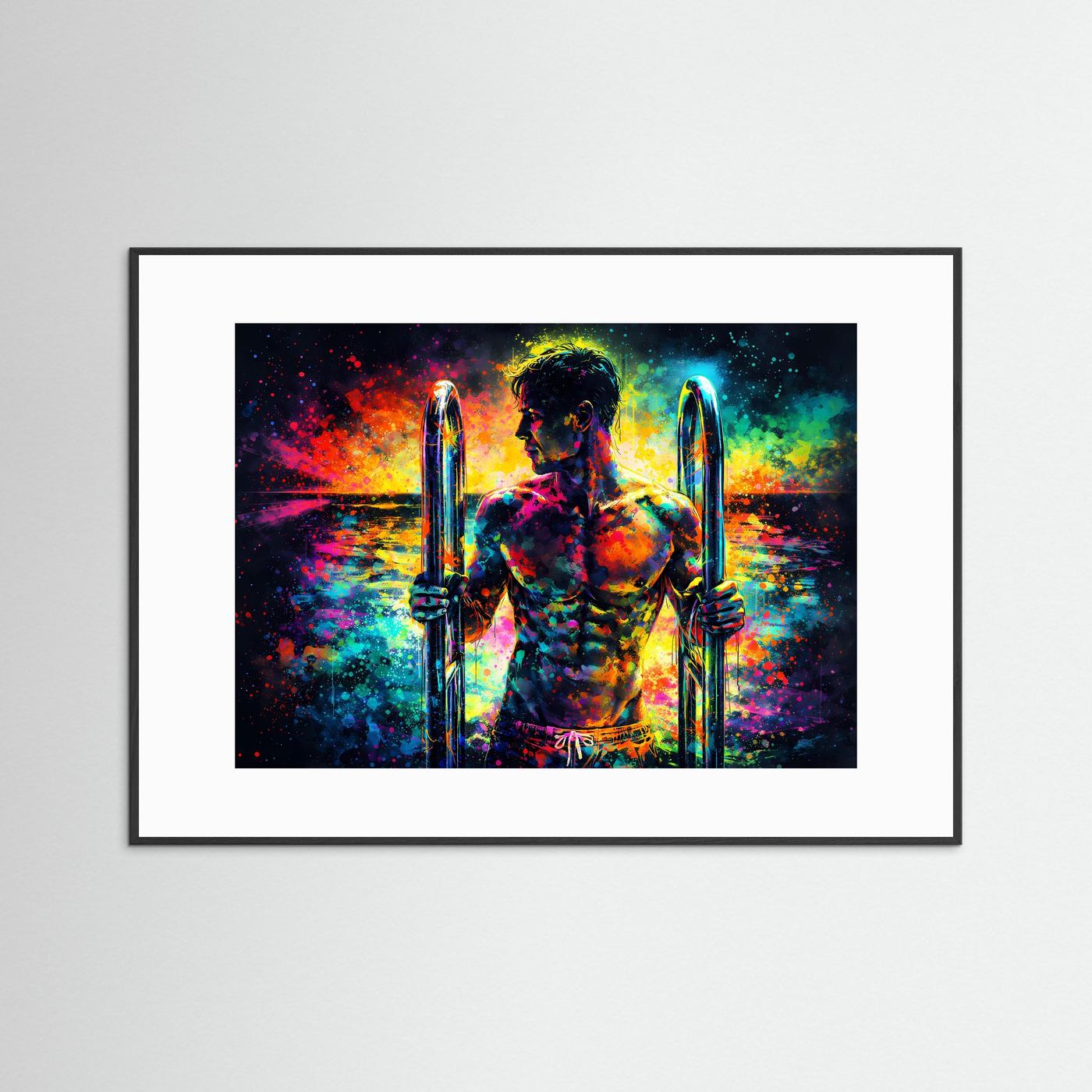 Neonkunst-Poster im Querformat mit Figur und zwei leuchtenden Stäben, schwarz gerahmt