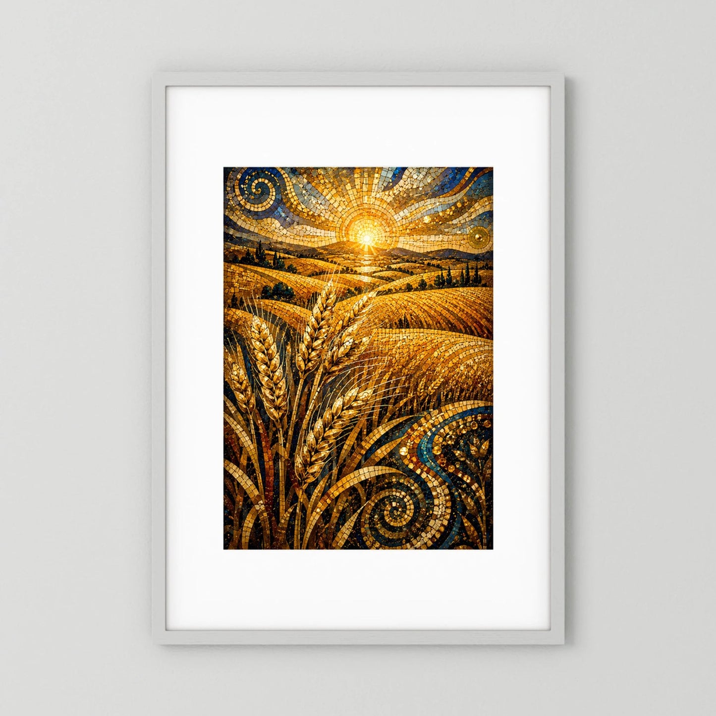 Vertikales Poster mit goldenem Weizenfeld im Mosaikstil und aufgehender Sonne