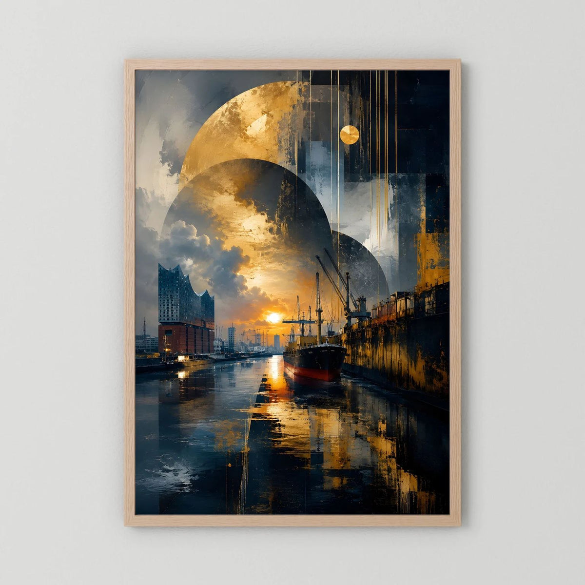 Poster im Hochformat mit abstraktem Hafenmotiv in Gold und Dunkelblau, Holzrahmen natur