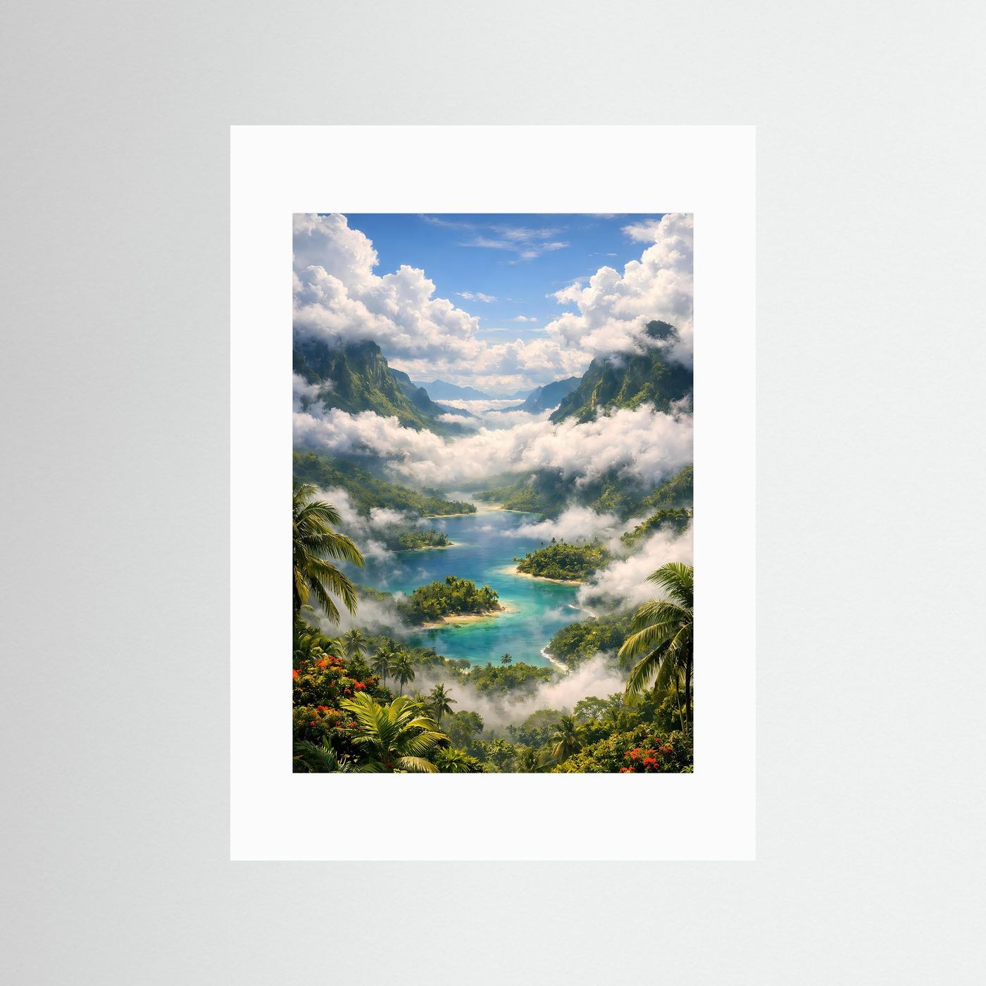 Tropisches Poster im Hochformat mit weißem Passepartout: türkisfarbener Fluss, Palmen, Wolken