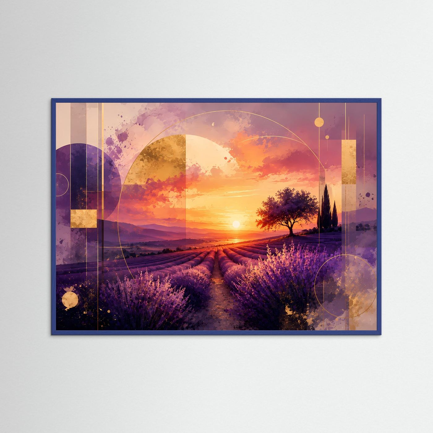 Gerahmter Kunstdruck mit Sonnenuntergang im Lavendelfeld: Lila, Gold und warme Farbtöne