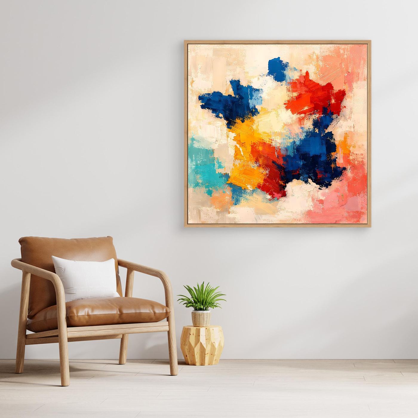 Abstract canvas wall art with blue, red, yellow, and teal paint splashes, wood-toned frame.