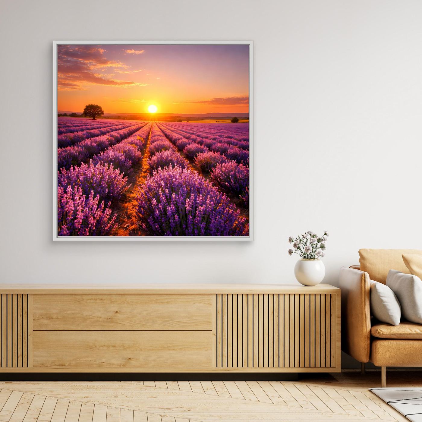 Leinwandbild mit Lavendelfeld und Sonnenuntergang, weißer Rahmen