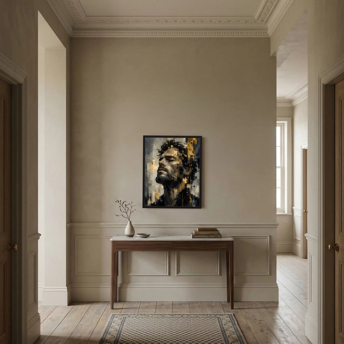 Gerahmtes abstraktes Männerkunstposter (Hochformat) mit Gesicht in Schwarz, Grau und Gold