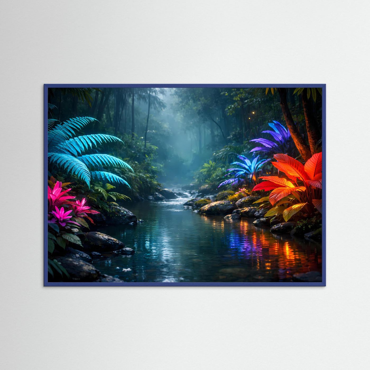 Querformat-Poster: neonfarbener Fluss im Dschungel, Wasserfall im Hintergrund
