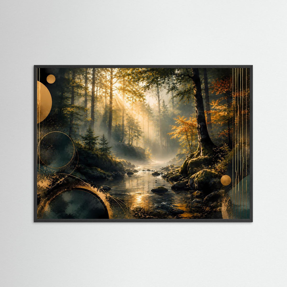 Poster im Querformat mit schwarzem Holzrahmen: Waldweg am Bach, goldenes Sonnenlicht.