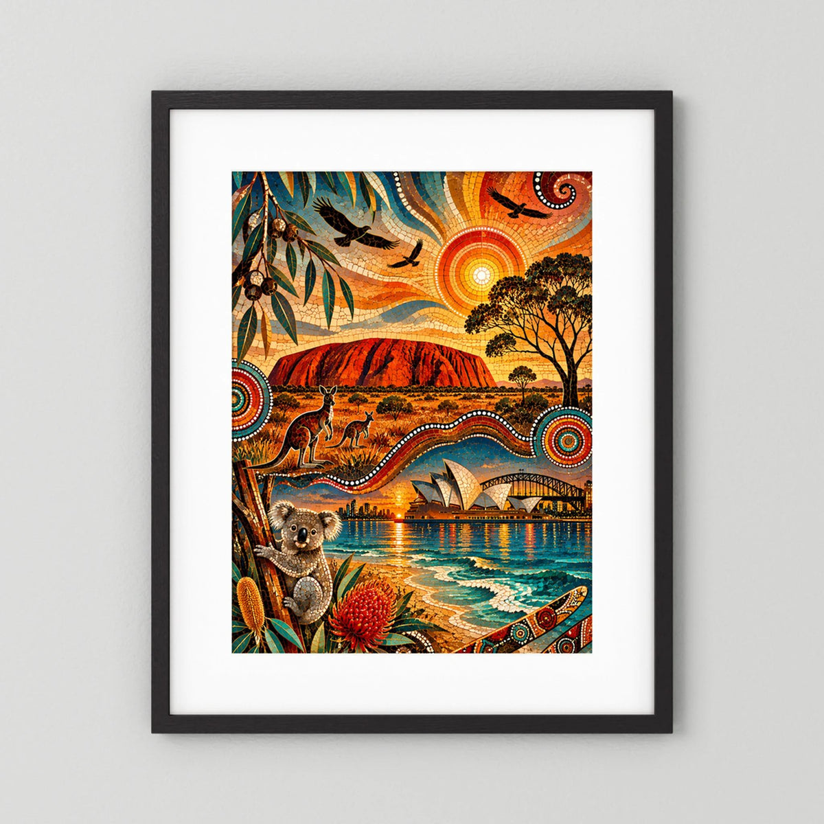 Australien Mosaik | Uluru, Kängurus, Koala & Sydney im Aboriginal-inspirierten Stil | Poster Hochformat