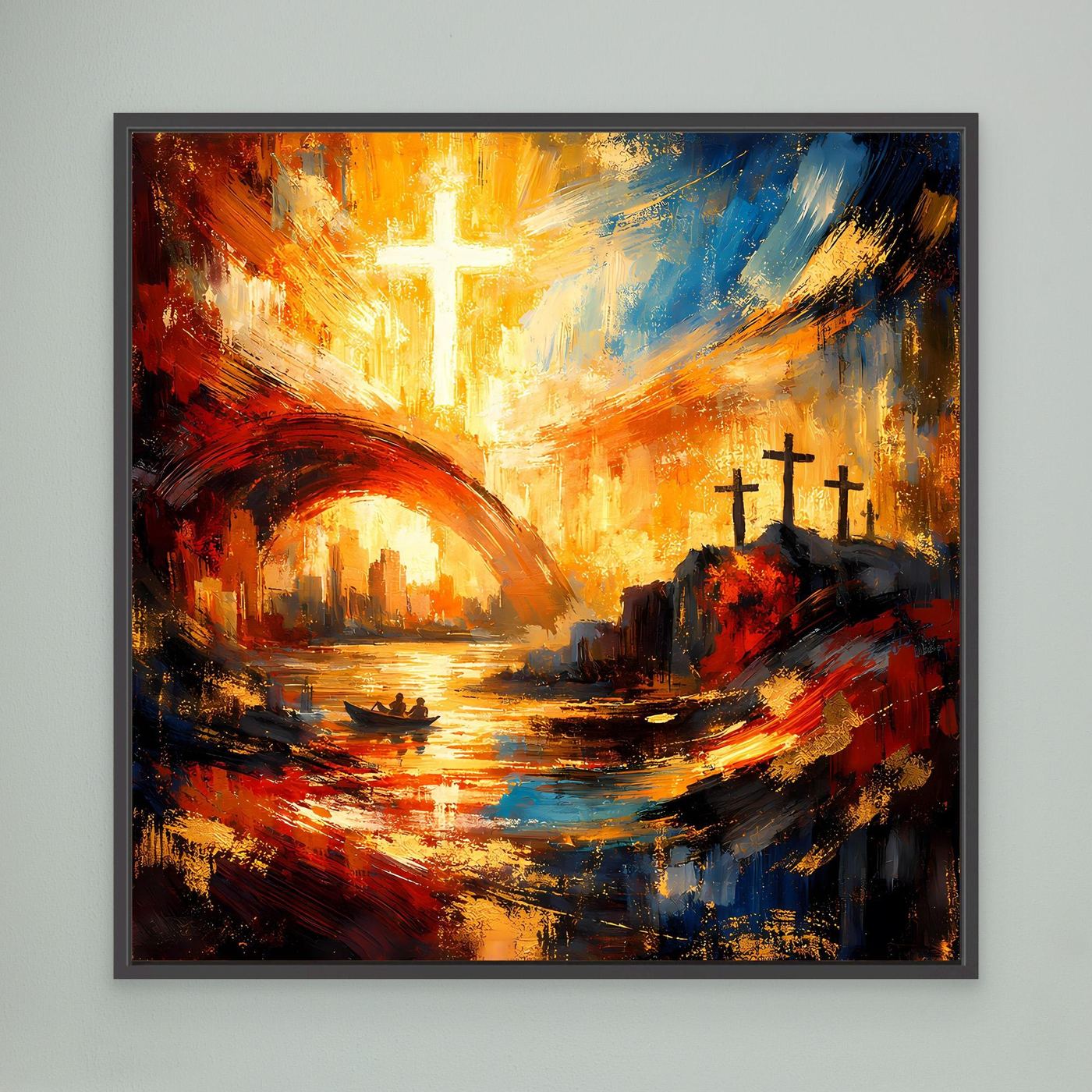 Leinwandbild mit goldenem Kreuz, abstrakte Szene mit Booten, dunkel gerahmt
