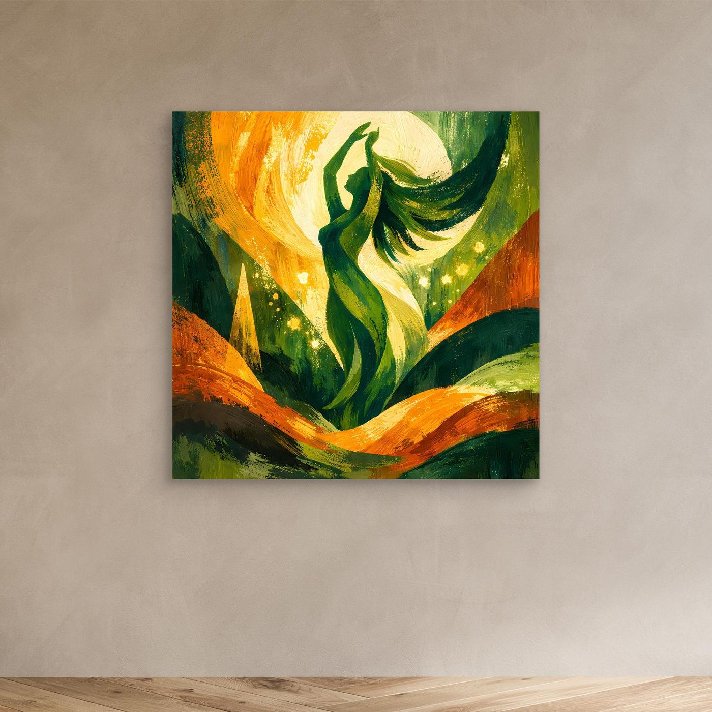 Leinwand-Wandbild Natur-Göttin, grüne Gestalt mit gold-orangefarbenem Licht und Sternen