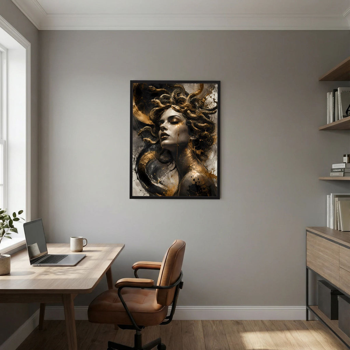 Medusa-Poster im Hochformat: Frauengesicht mit goldenen Schlangen, schwarzer Rahmen.