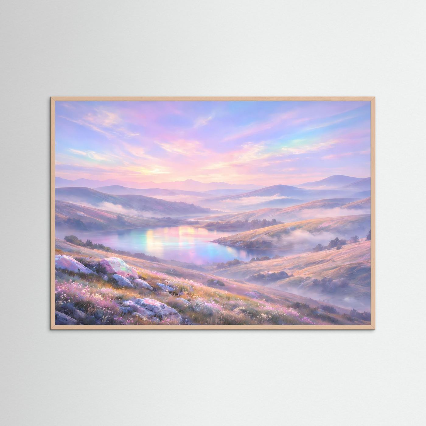 Panorama-Poster mit Hügellandschaft bei Sonnenaufgang und Regenbogen-Licht im rosafarbenen Rahmen