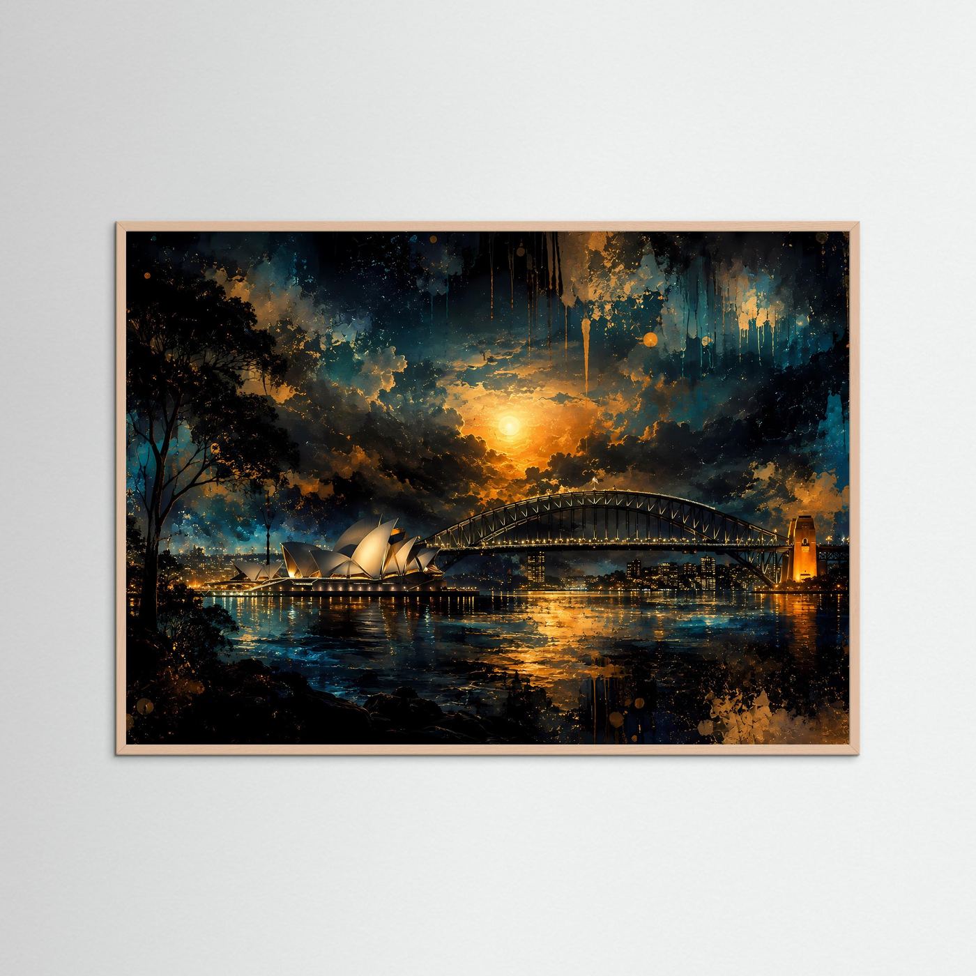 Sydney Poster | Sydney Opera House & Harbour Bridge bei Nacht | Australien Wandbild | Moderne Skyline Kunst | Gold Blau Fine Art | Premium Wanddekoration