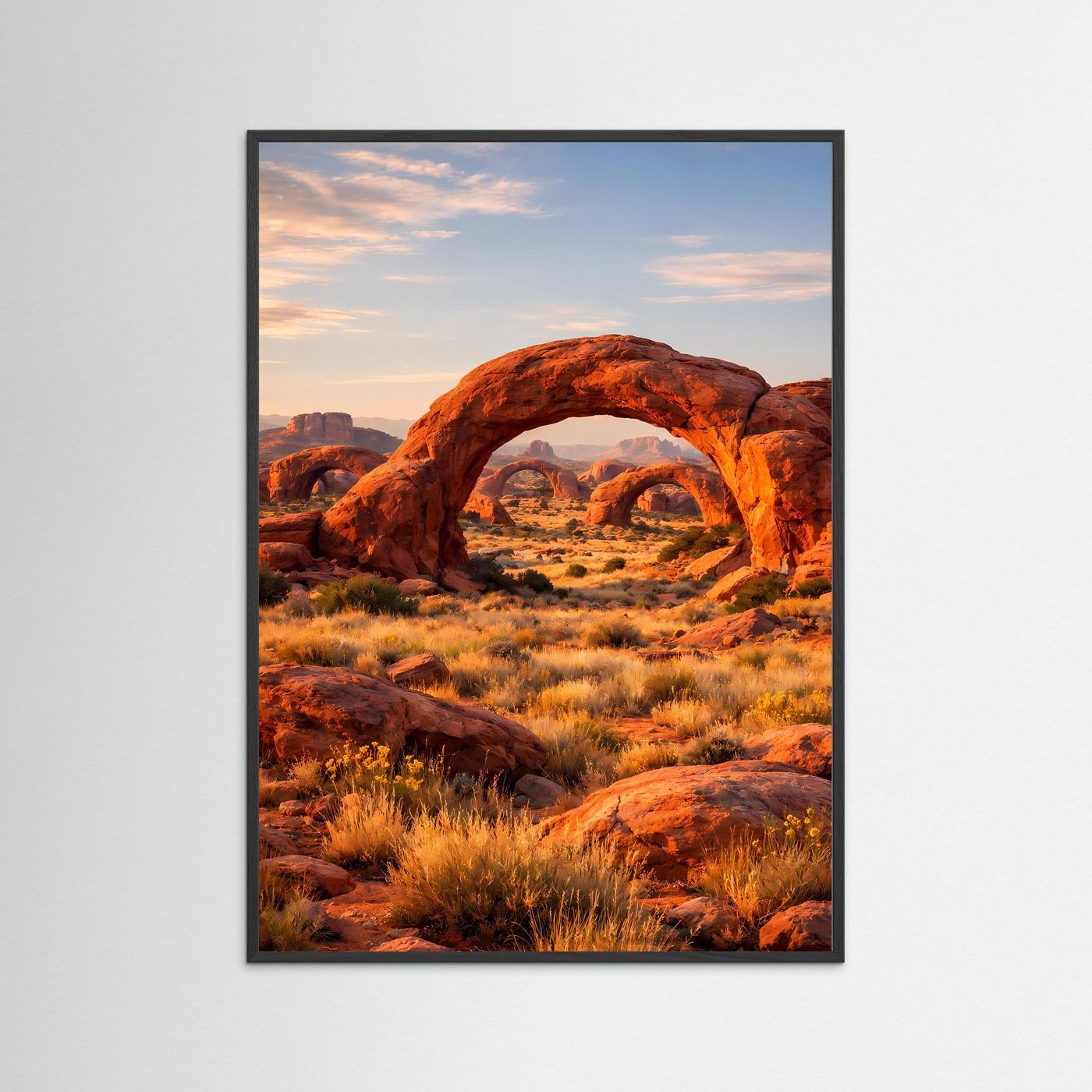 Poster mit Wüstenbogen aus rotem Fels im schwarzen Rahmen, Hochformat