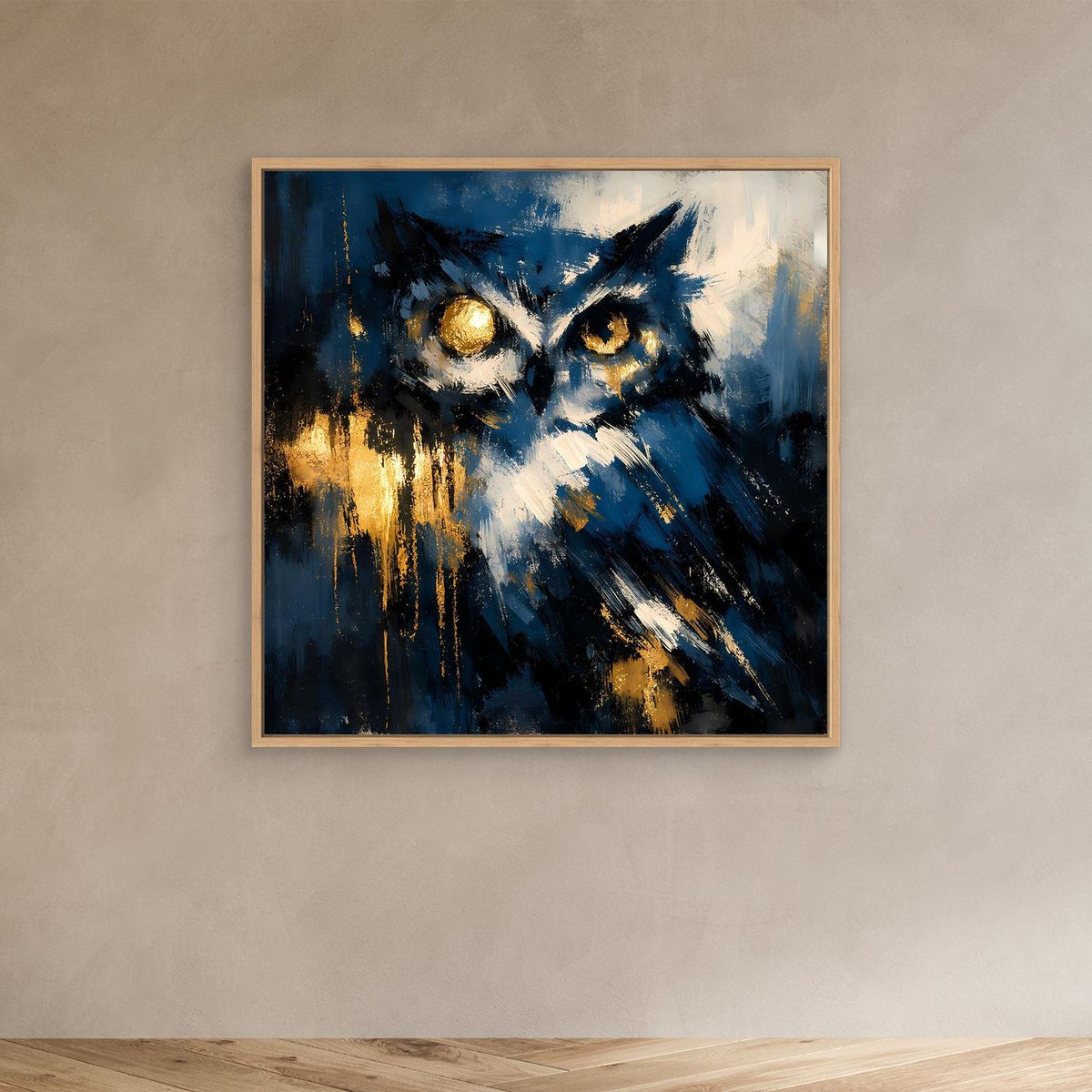 Leinwand-Wandbild mit abstrakter Eule in Blau und Gold, mit Holzrahmen (Eiche)