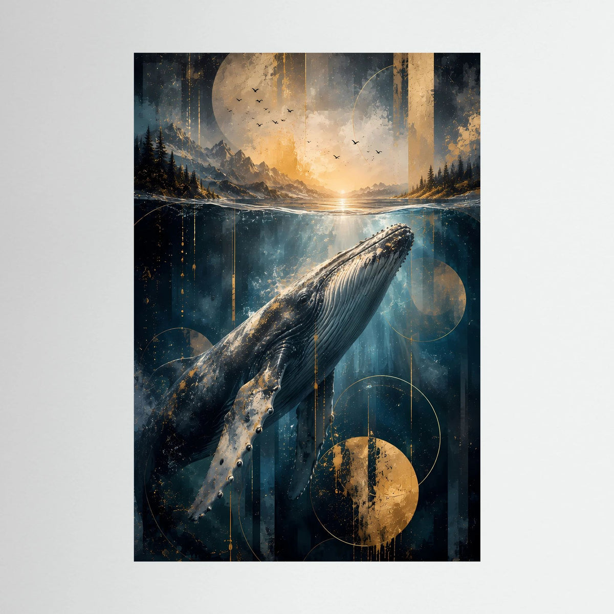 Poster mit Wal unter Wasser, Ozeanlandschaft in Blau und Gold
