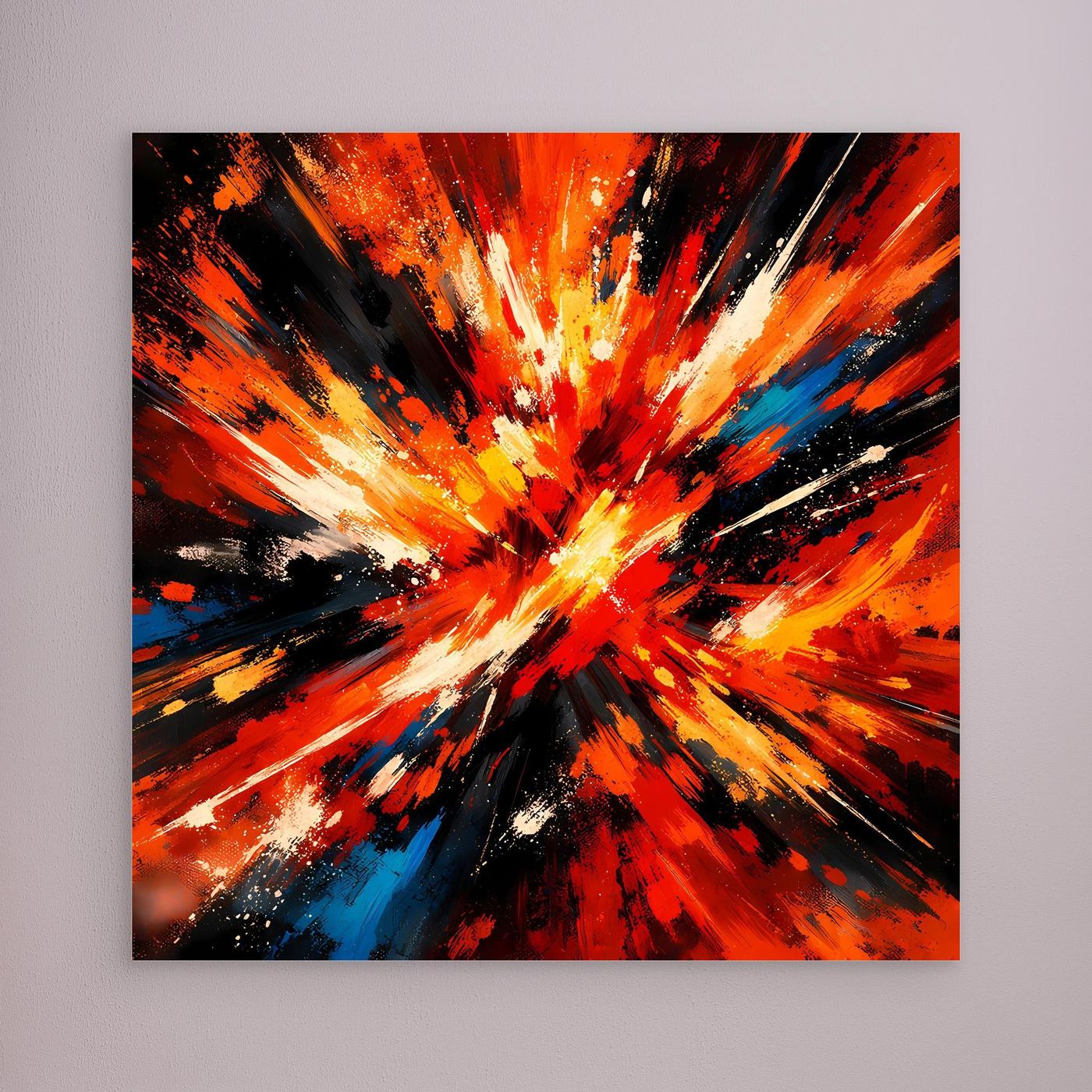 Abstraktes Leinwandbild mit Farbexplosion in Orange, Rot, Gelb und schwarzen Strahlen ohne sichtbaren Rahmen.
