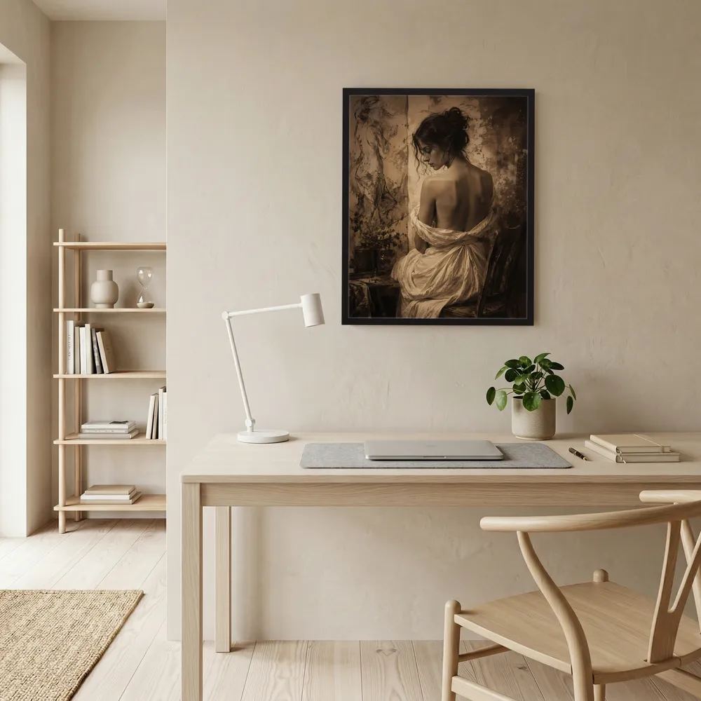 Gerahmter Kunstdruck an der Wand: Sepia-Rückenansicht einer Frau mit weißem Drapiertuch.
