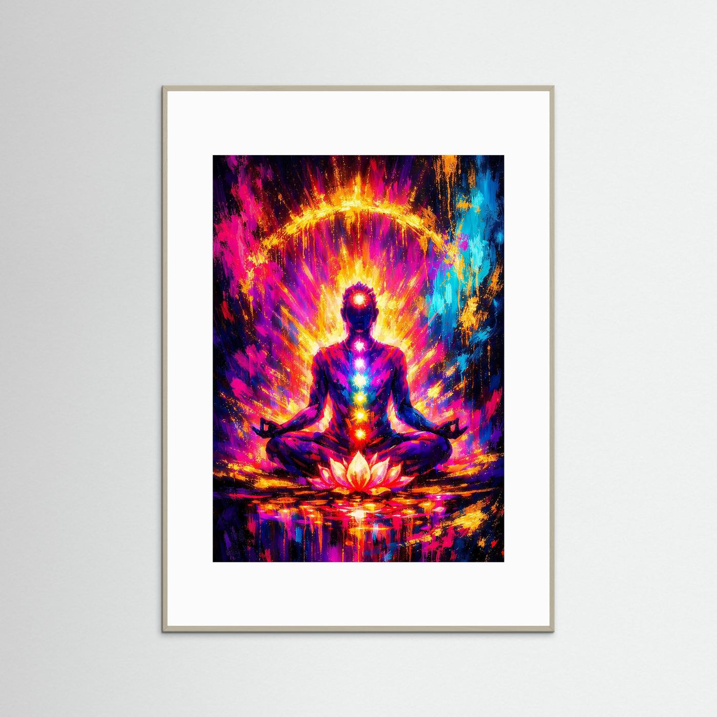 Chakra-Poster im Hochformat mit meditierender Figur, goldener Aura und Lotus; hellbrauner Holzrahmen