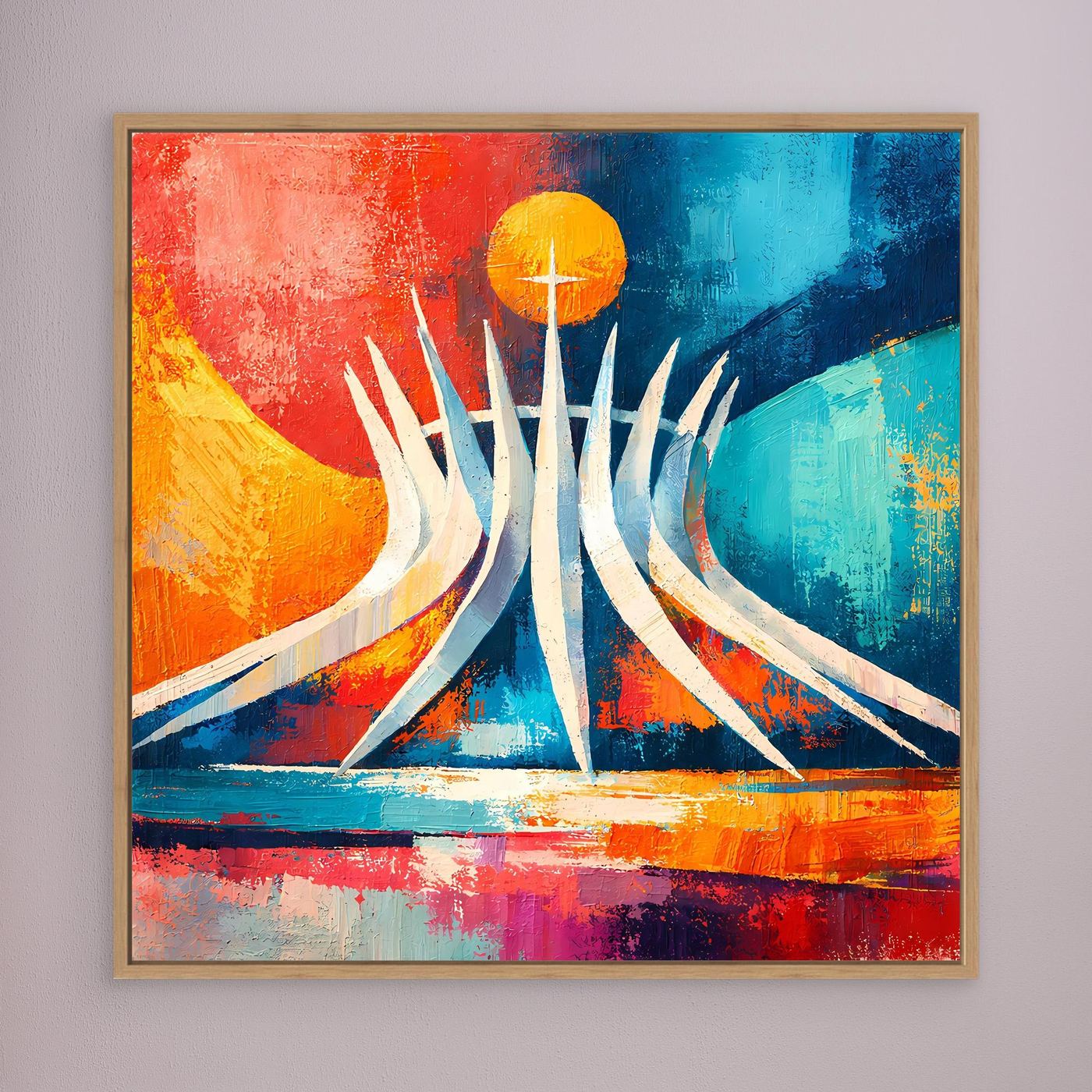 Abstraktes Leinwand-Wandbild mit Sonne über stilisierter Kathedrale, goldbraun gerahmt