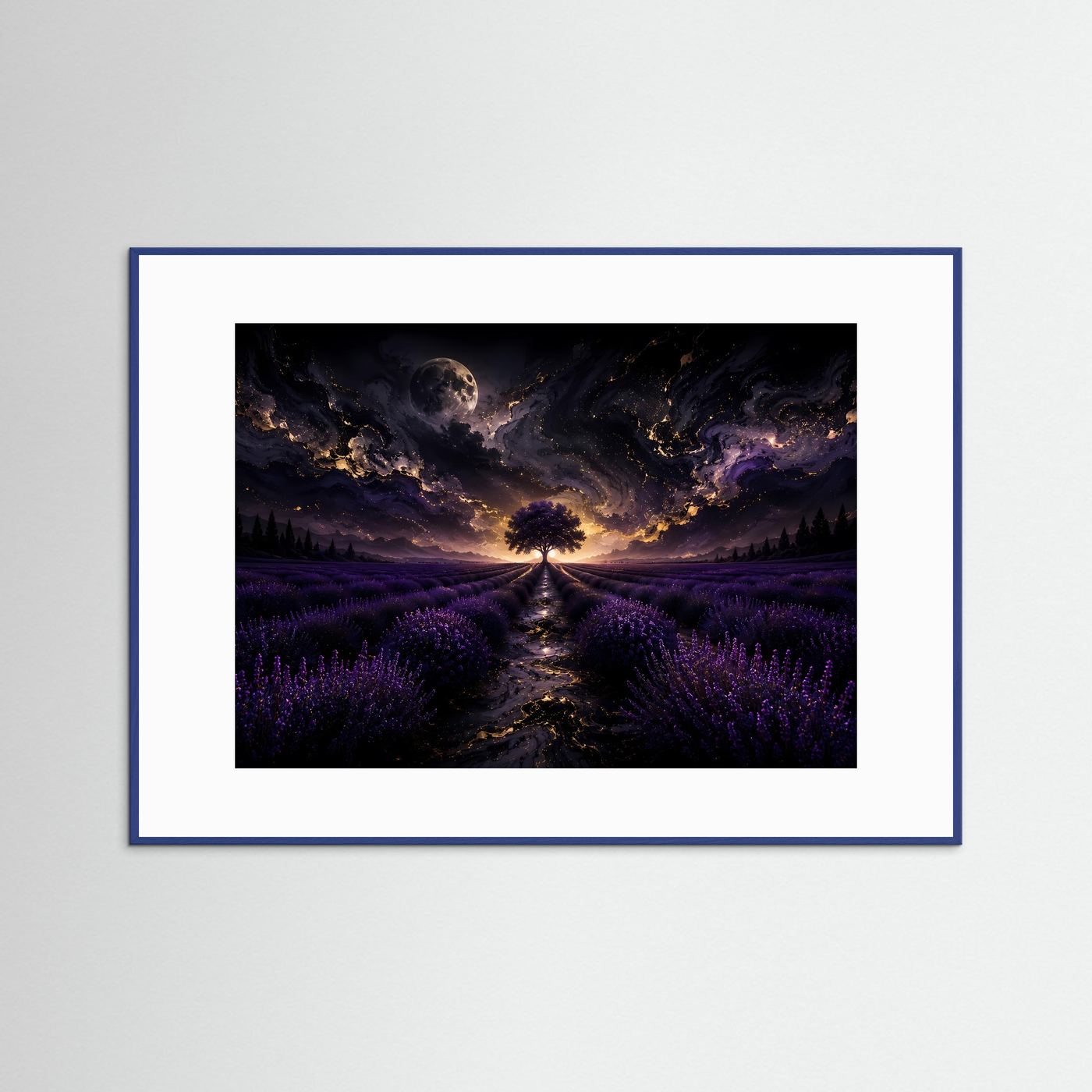 Lavendelfeld Wandbild Nacht | Mystischer Baum unter Mond | Fantasy Landschaft Poster | Lila Leinwandbild | Abstrakte Fine Art Wandkunst