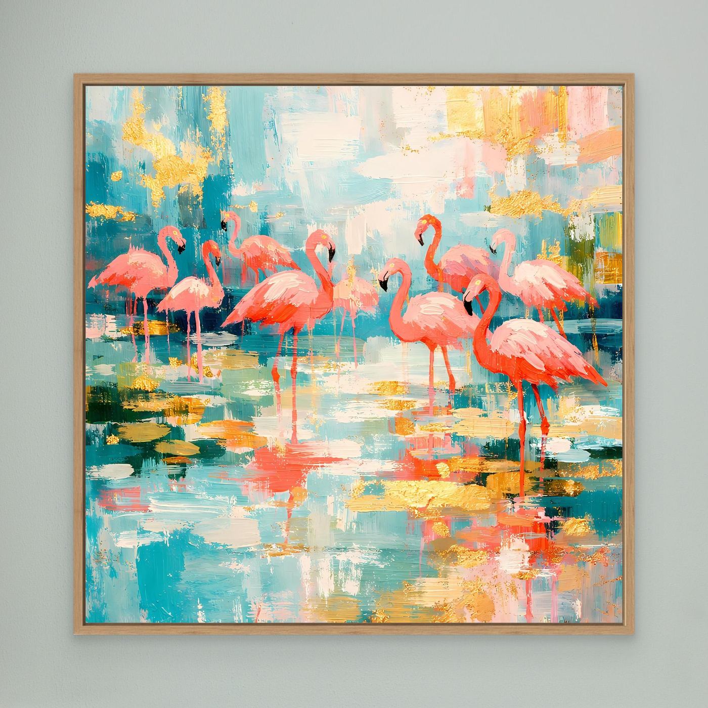 Leinwandbild mit rosa Flamingos und Spiegelungen im Eichenrahmen