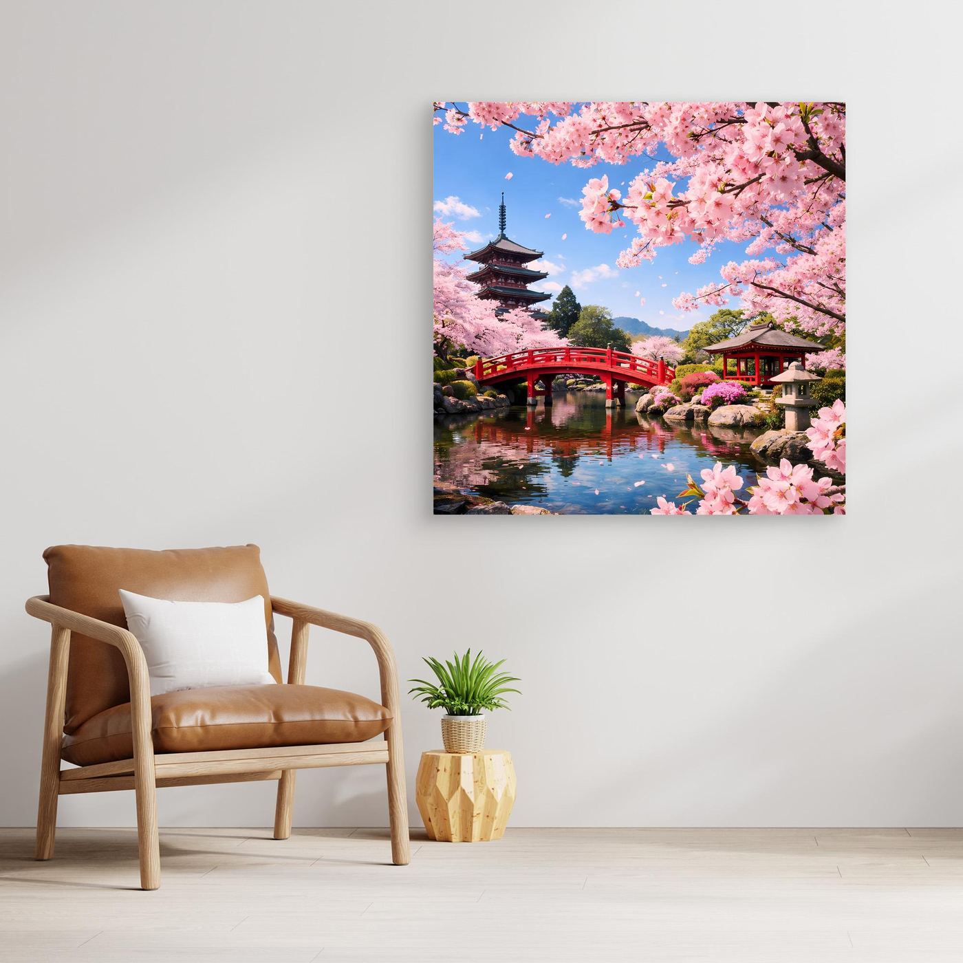 Leinwandbild mit Kirschblüten, roter Brücke und Pagode am Teich, ohne Rahmen