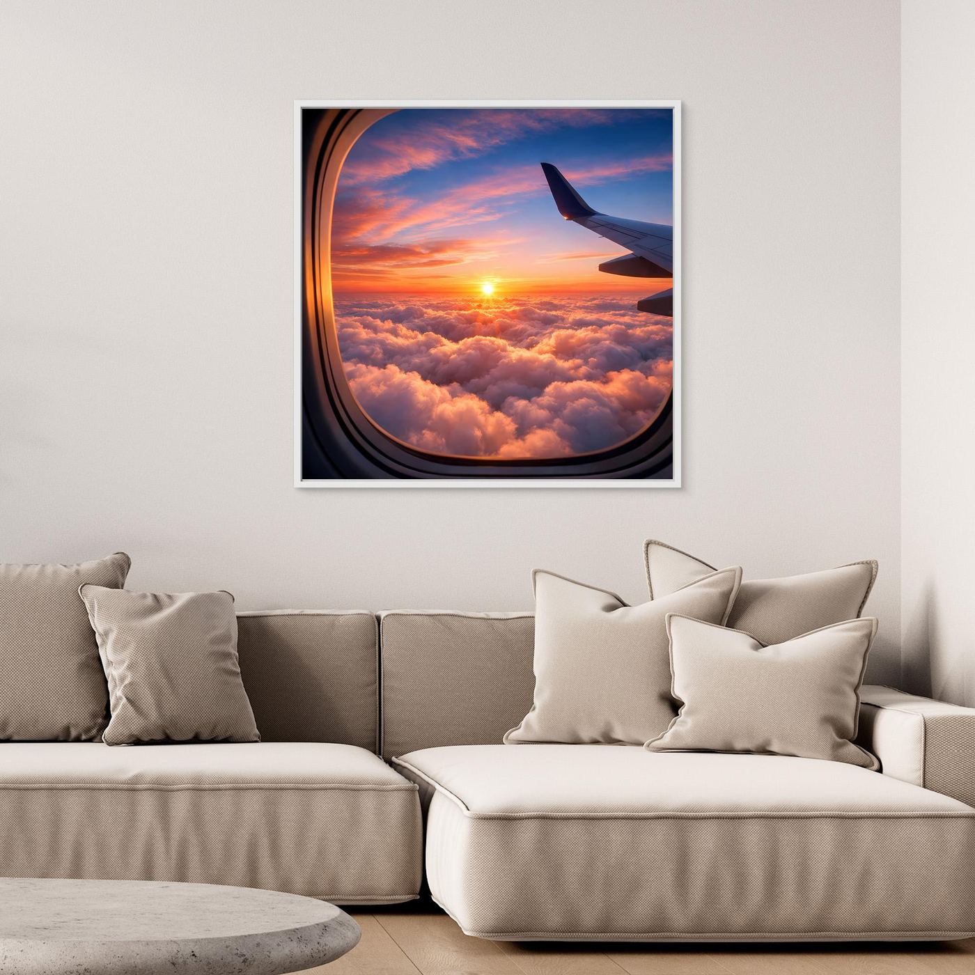 Leinwandbild mit Flugzeugfenster, Sonnenuntergang über Wolken, dunkler Rahmen