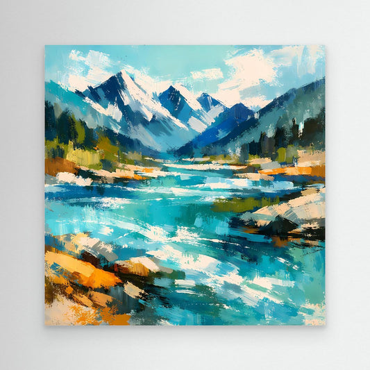 Abstraktes Leinwand-Wandbild mit Berglandschaft und Fluss, türkis, blau und orange