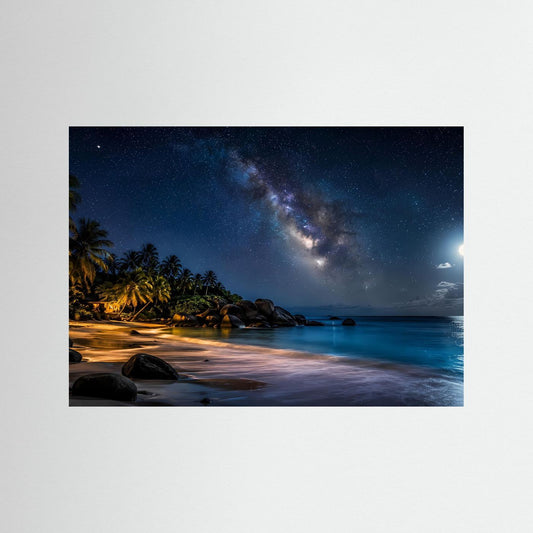 Querformatiges Poster ohne Rahmen: tropischer Strand bei Nacht mit Milchstraße.