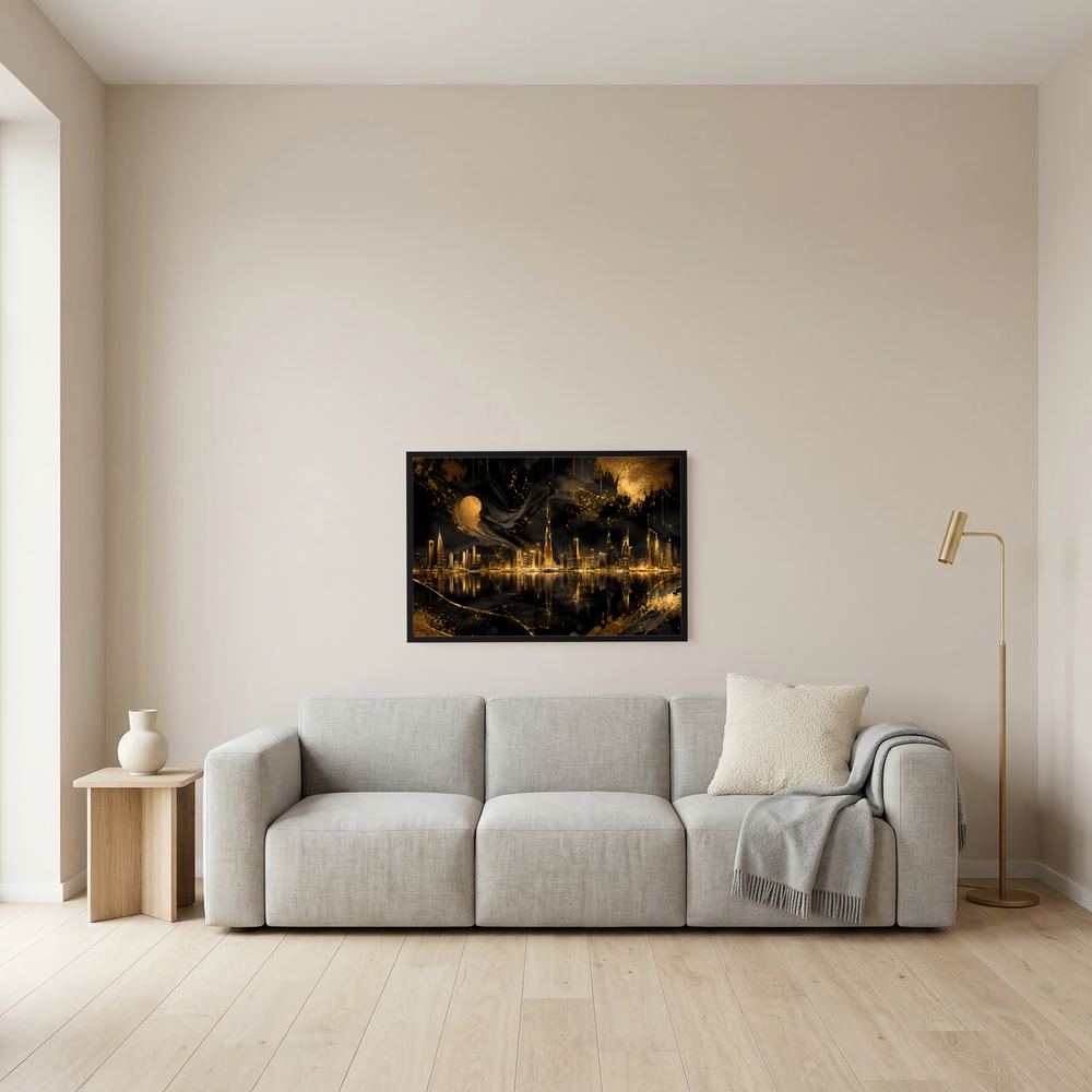 Wandposter „Goldene Metropole“ mit abstrakter Skyline bei Nacht, Schwarz-Gold-Design