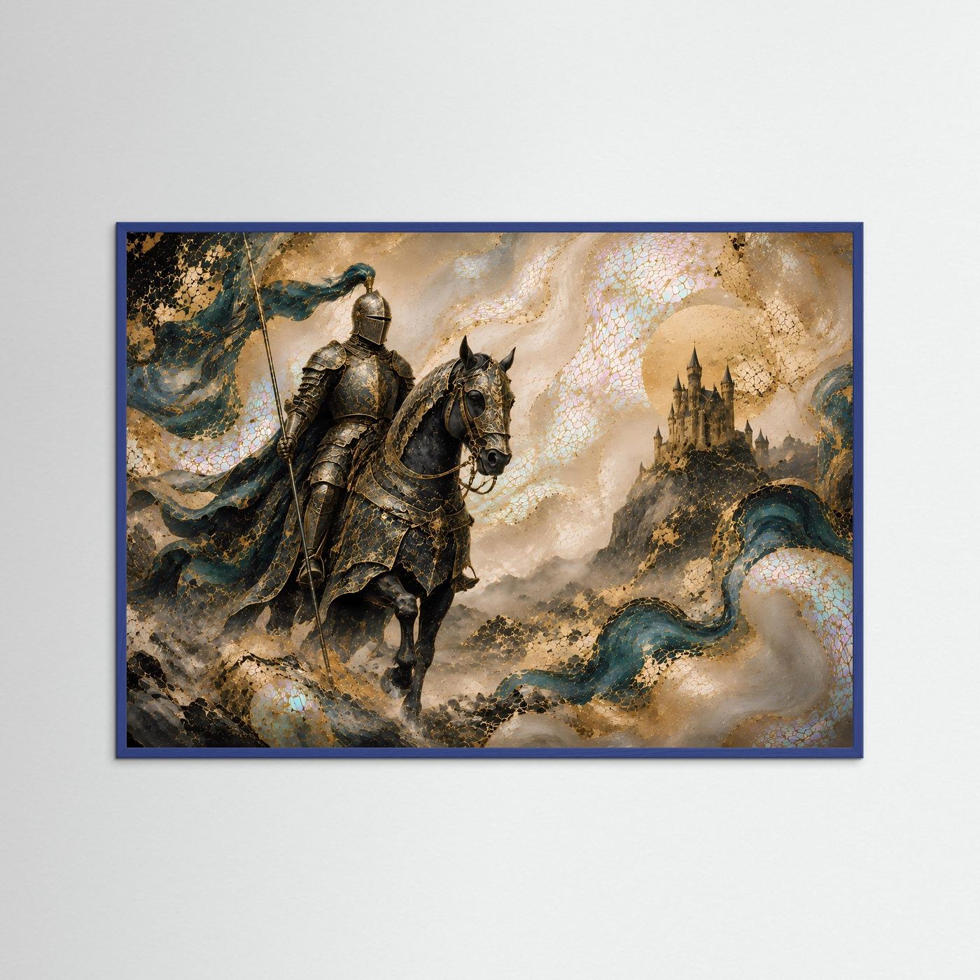 Mittelalterlicher Ritter auf Pferd | Fantasy Schloss in Gold & Petrol