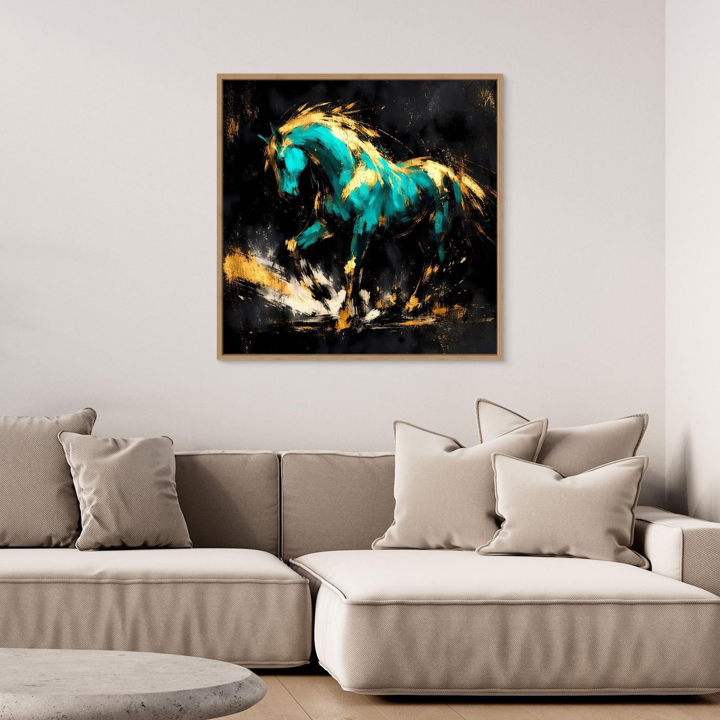 Leinwand Kraftvolles Pferd in Türkis und Gold | Modernes Abstraktes Wildtier Wandbild