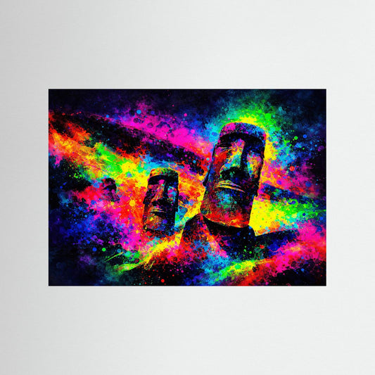 Neonfarbenes Moai-Wandbild: zwei Statuen im Querformat, ohne Rahmen