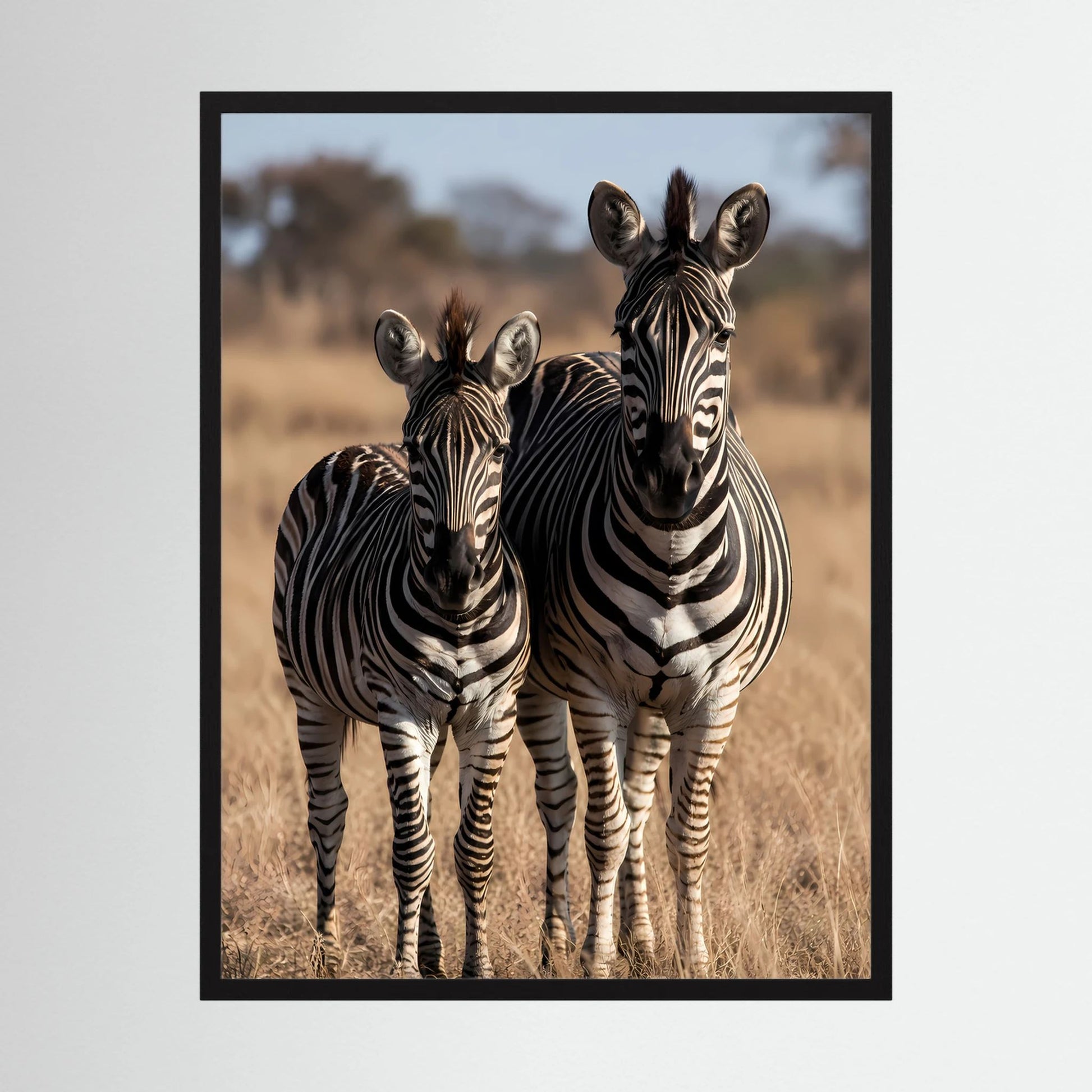 Hochformatiges Poster mit Zebra-Mutter und Jungtier im schwarzen Rahmen