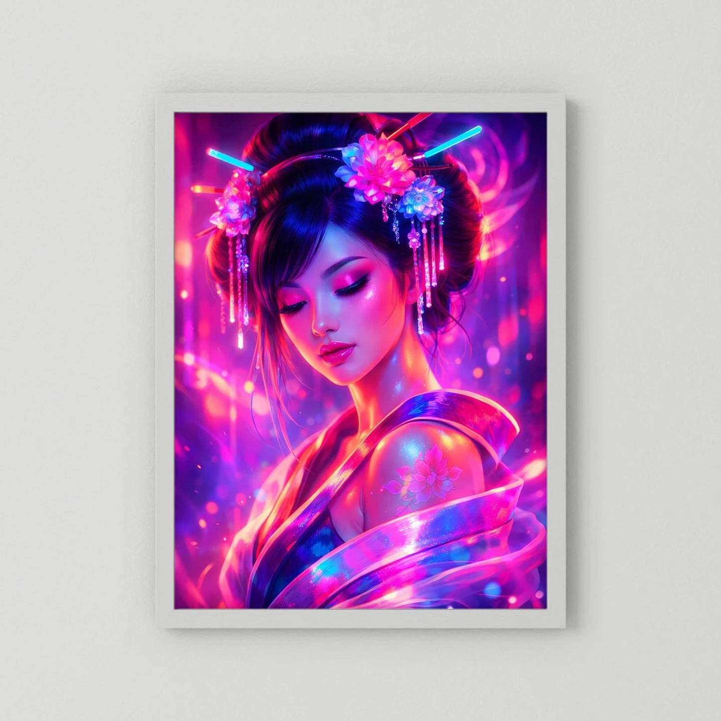 Neon-Poster mit japanischer Frau, weißes Passepartout, pink und blau leuchtende Farben
