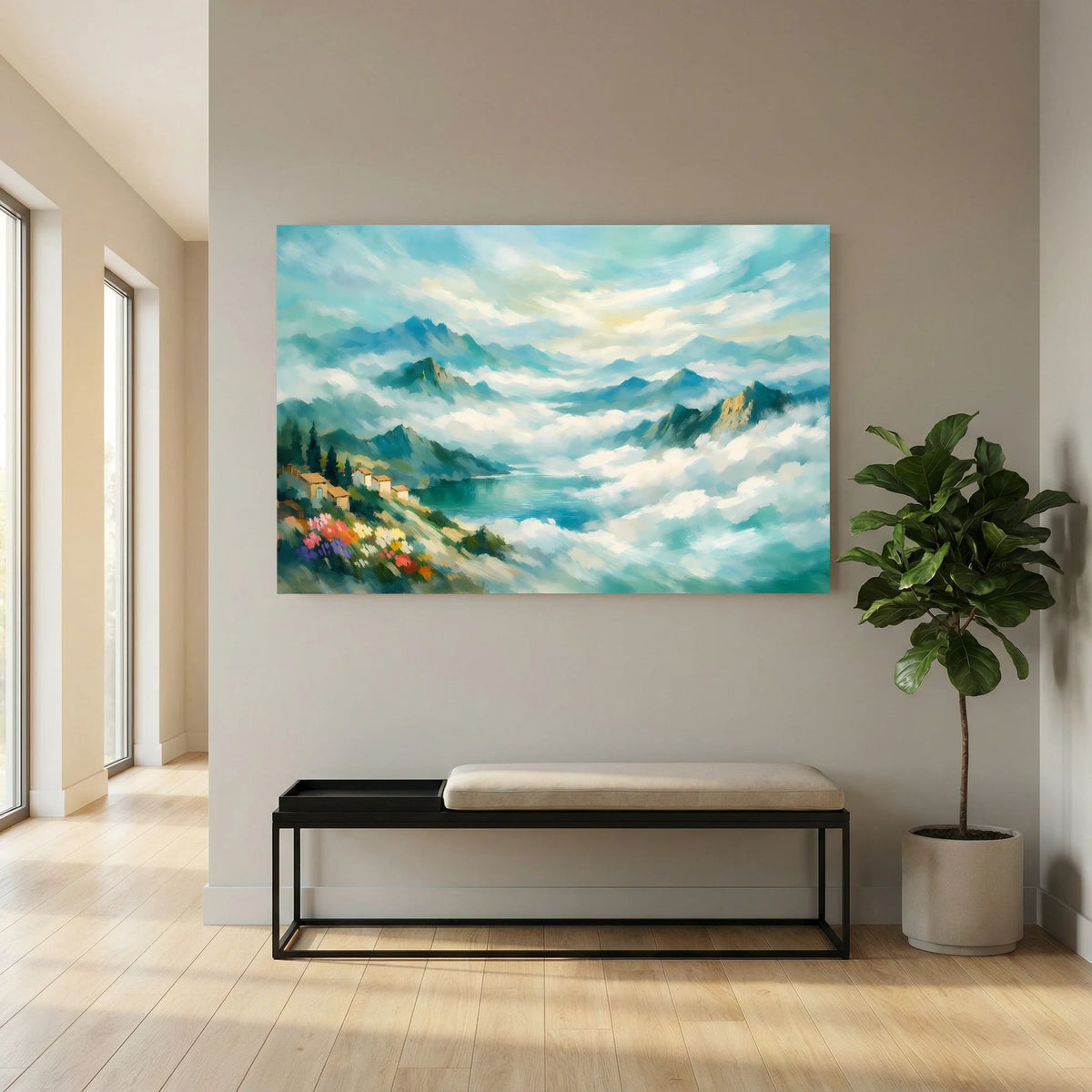 Wandbild mit nebeliger Berglandschaft, blauer Wasserlinie und Blumenhang, Querformat.