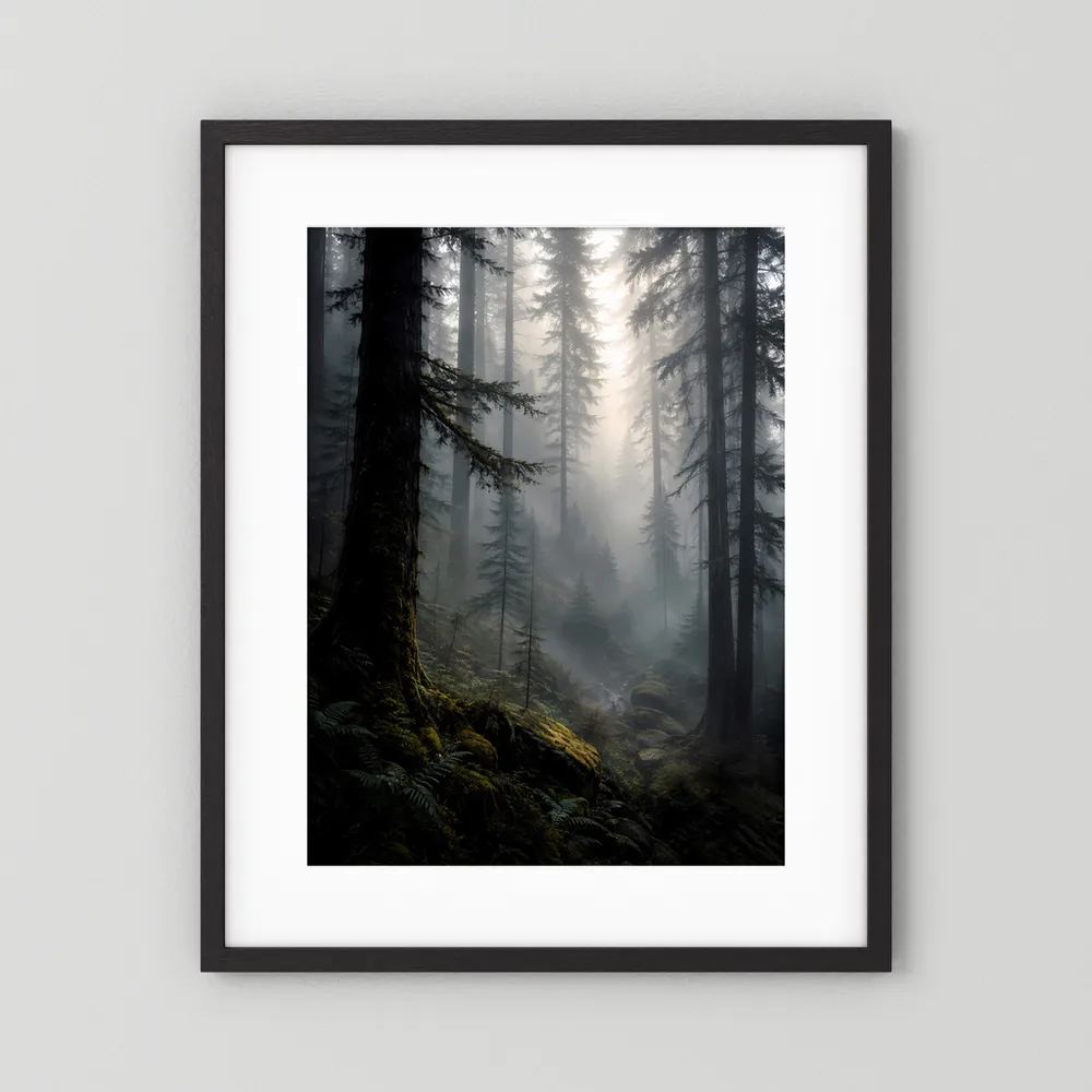 Hochformatposter im schwarzen Rahmen mit Waldmotiv und Lichtstrahlen, weißem Passepartout