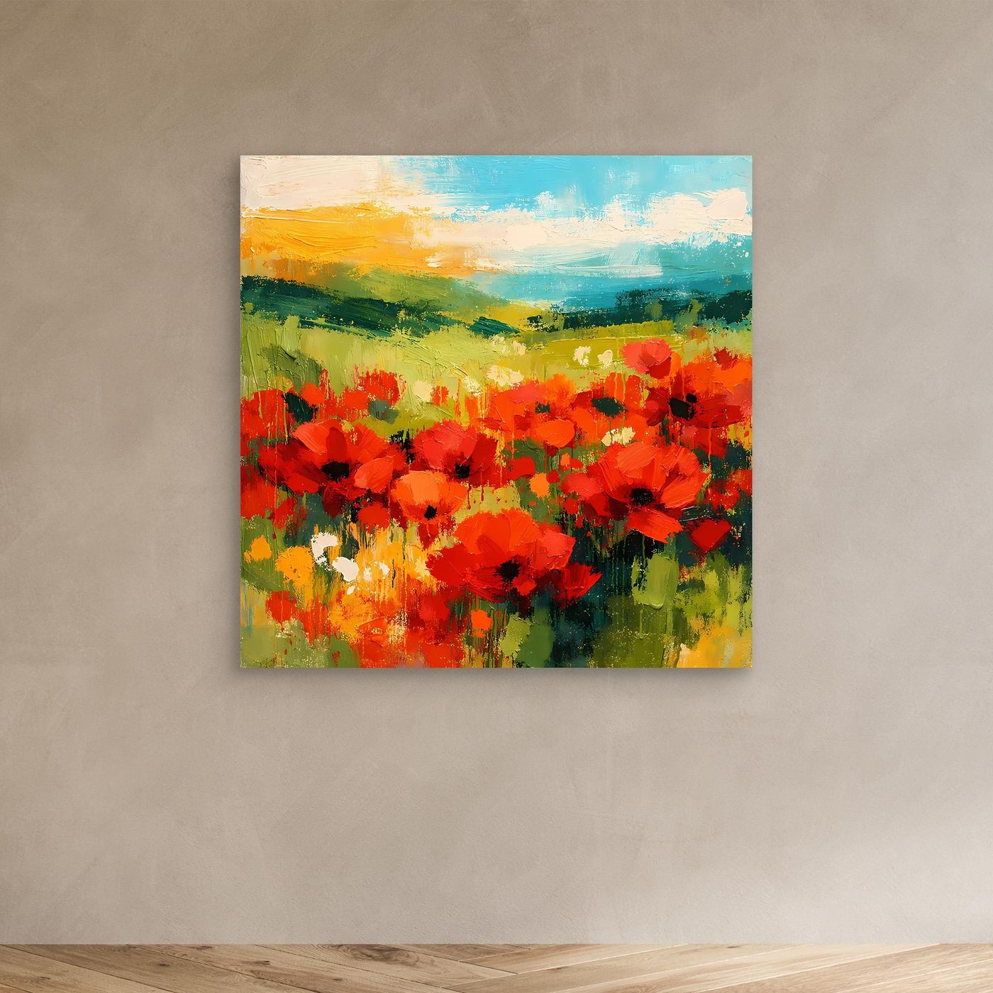 Abstract canvas wall art of a bright red poppy field with green and blue horizon