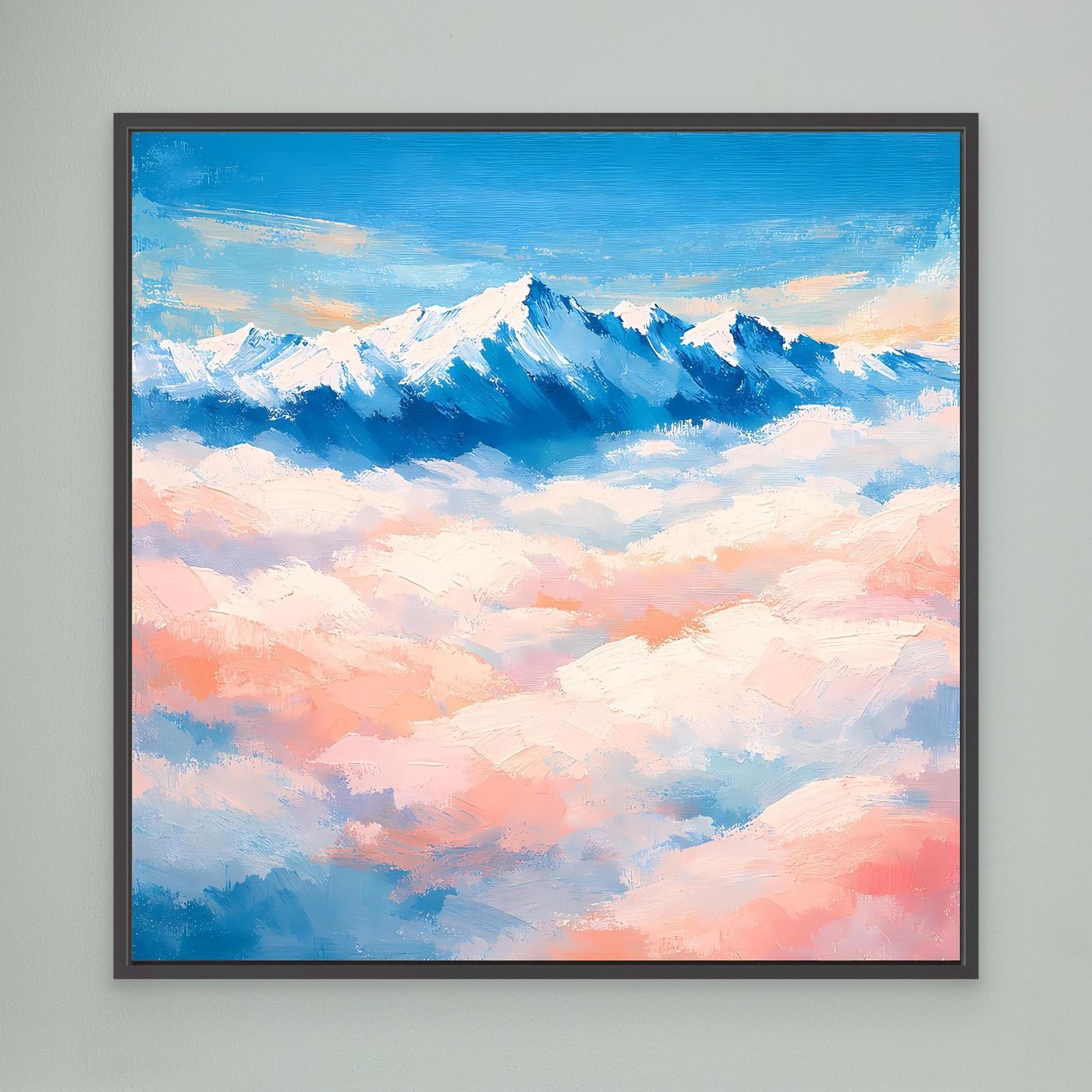 Leinwand-Wandbild mit schneebedeckten Bergen über Wolken, dunkel gerahmt