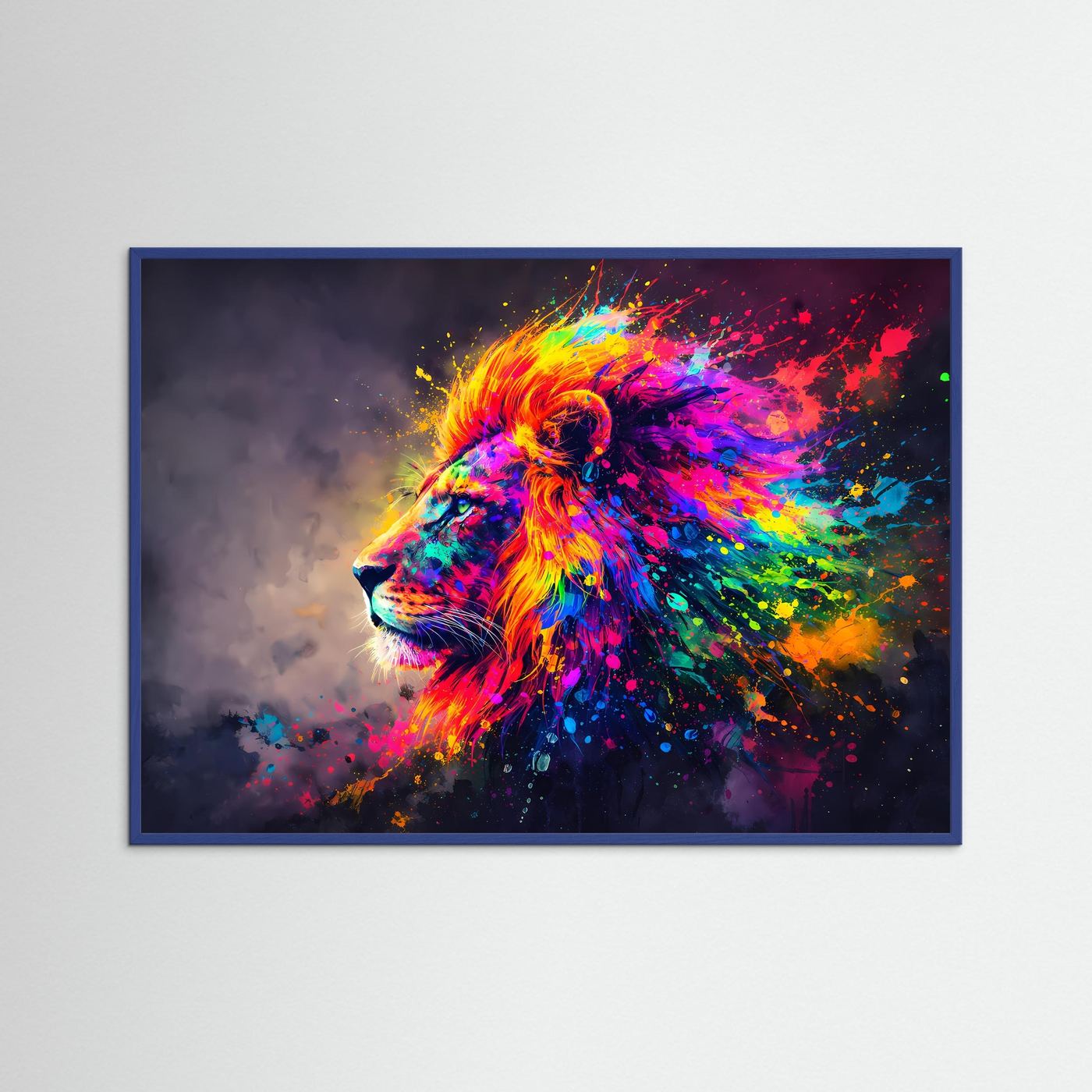 Wandbild mit blauem Holzrahmen: Löwenkopf Pop-Art in Regenbogenfarben und Farbspritzern