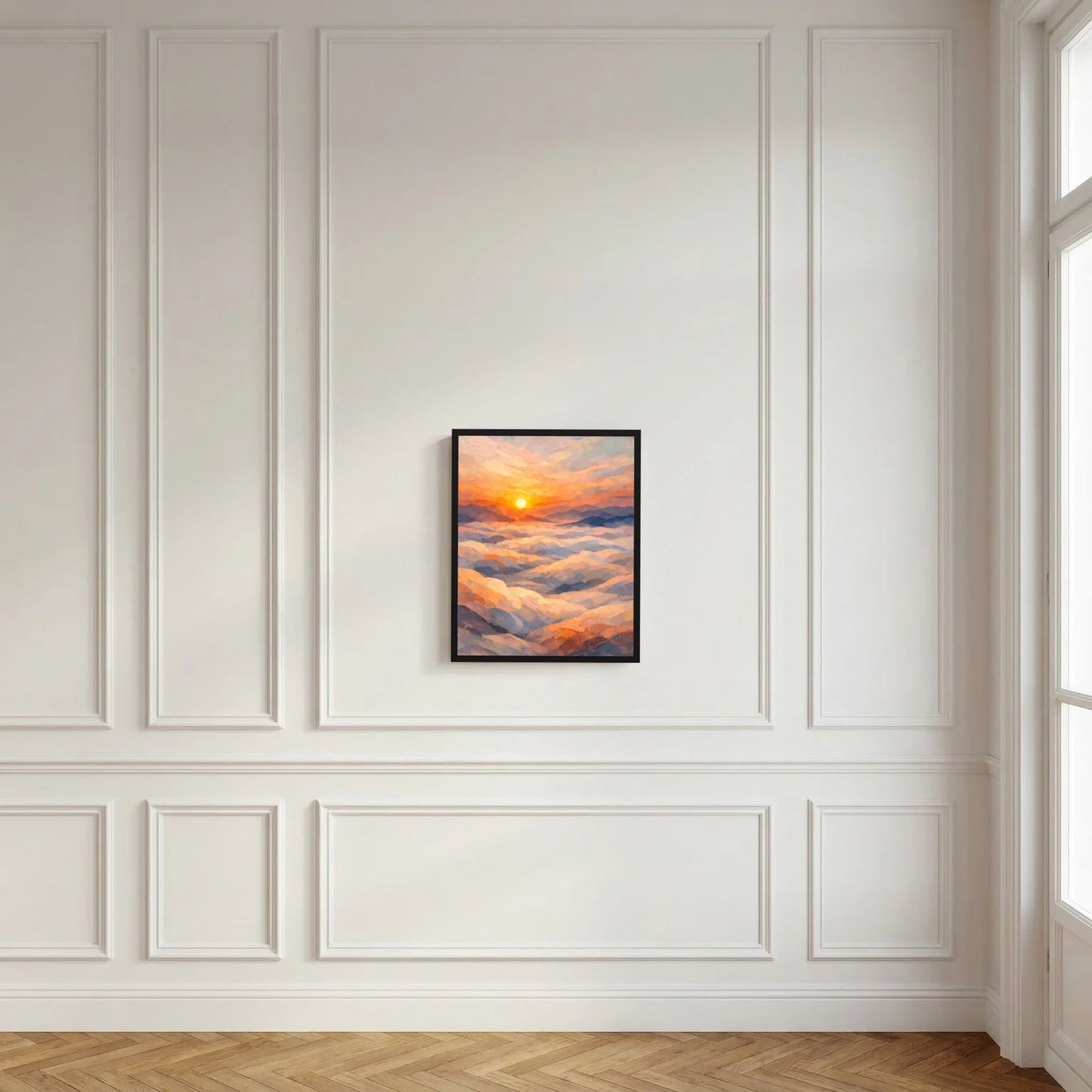 Gerahmtes Hochformat-Poster mit Sonnenuntergang über Wolken, pastellfarben, schwarzer Rahmen