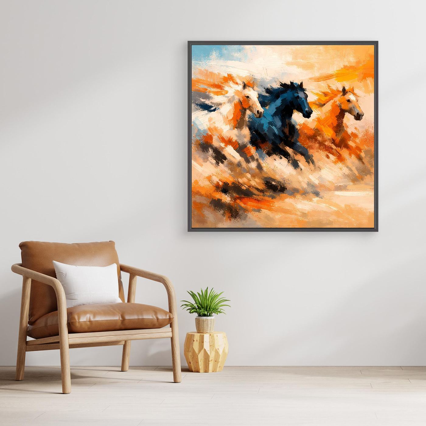 Premium Leinwand Wilde Pferde Galopp | Abstraktes Wandbild Dynamische Ölgemälde Optik