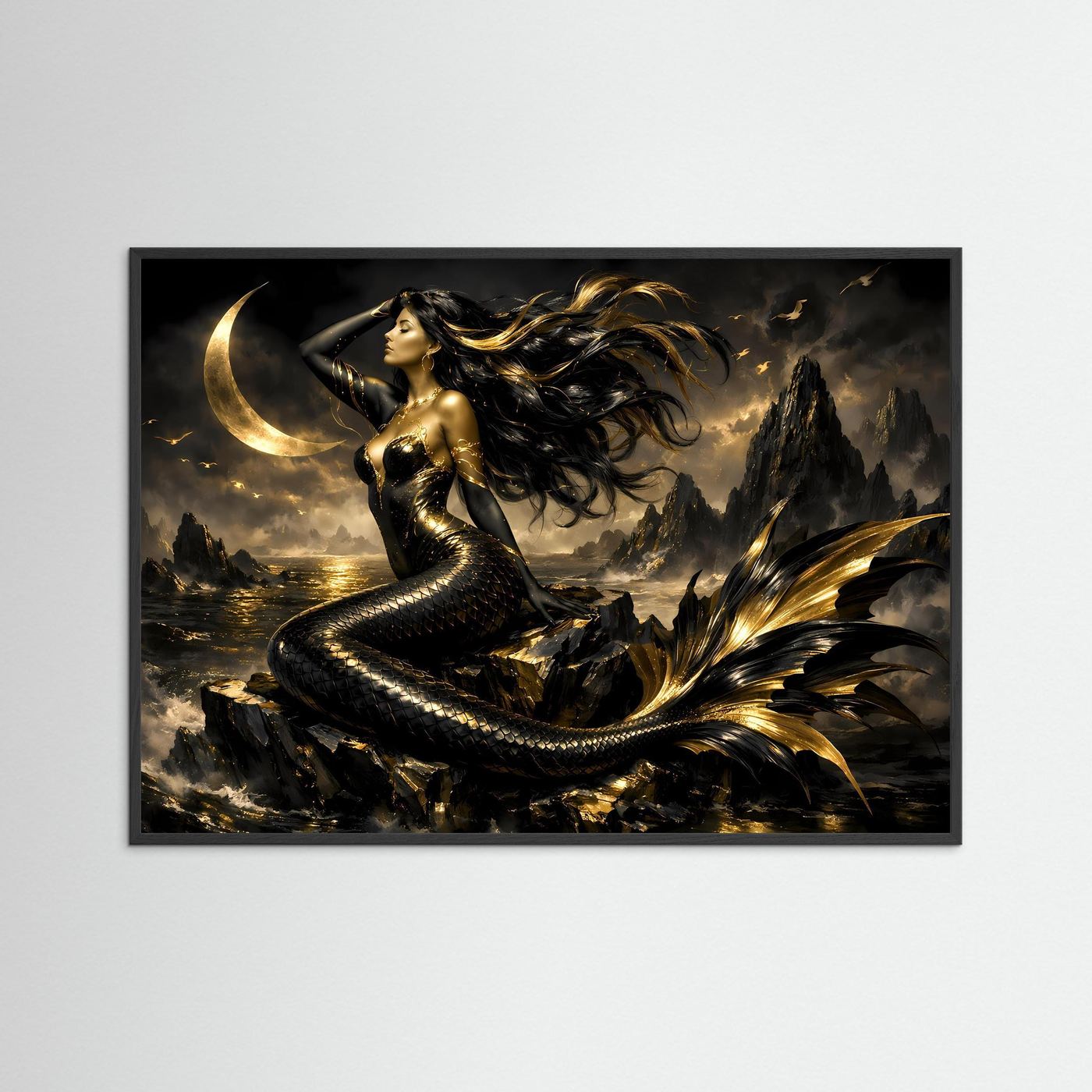 Fantasy-Wandbild mit Meerjungfrau bei Mondschein, schwarzer Holzrahmen