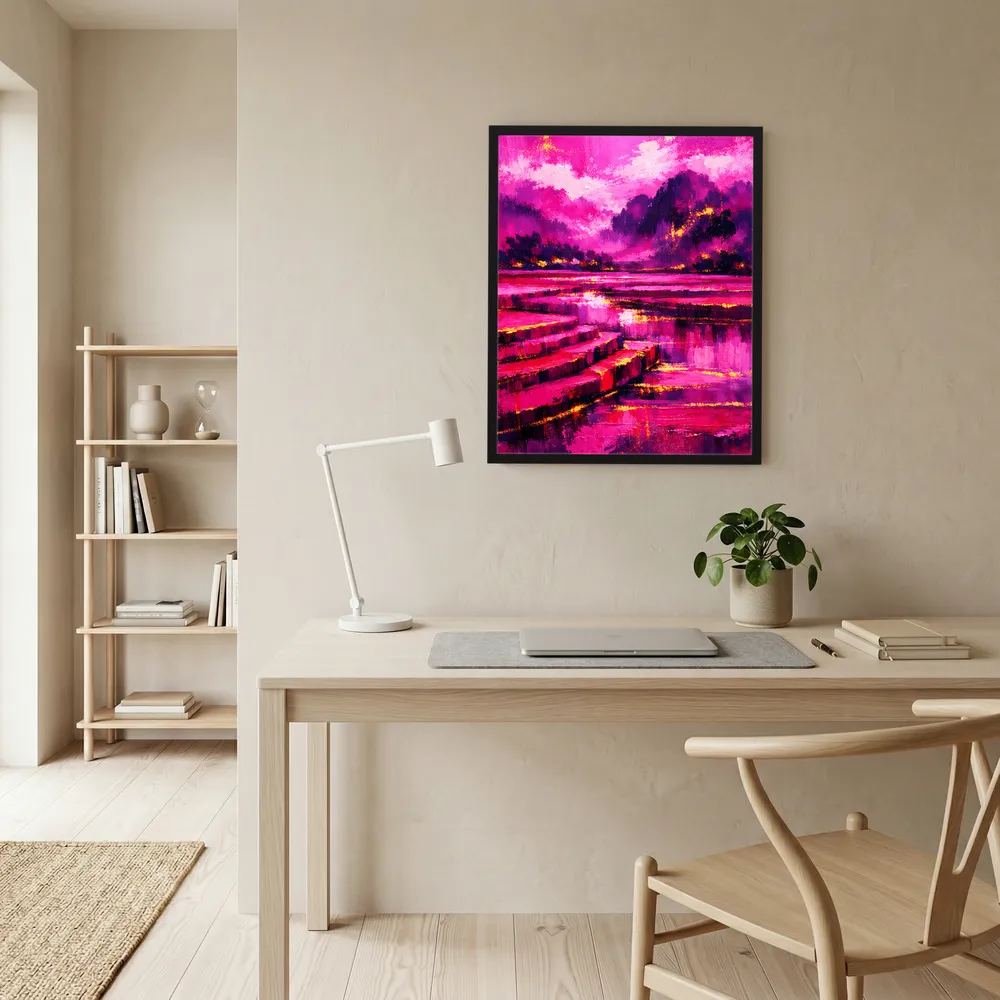 Gerahmtes abstraktes Landschafts-Poster über einem magentafarbenen Fluss und violettem Ufer
