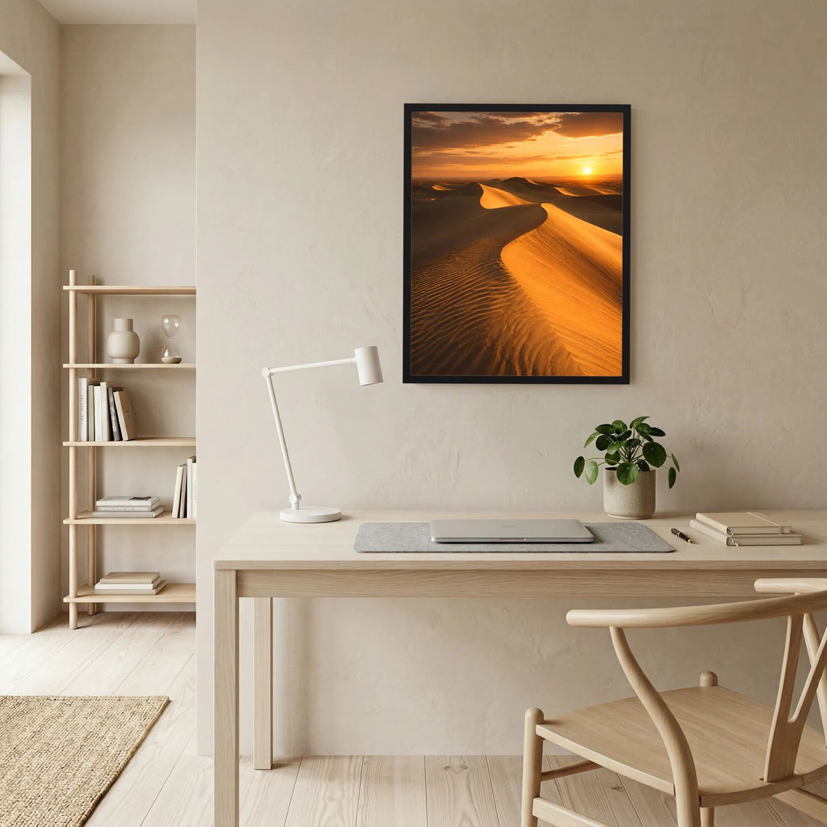 Hochformatiges Poster mit Sanddünen im Abendlicht, schwarzer Rahmen