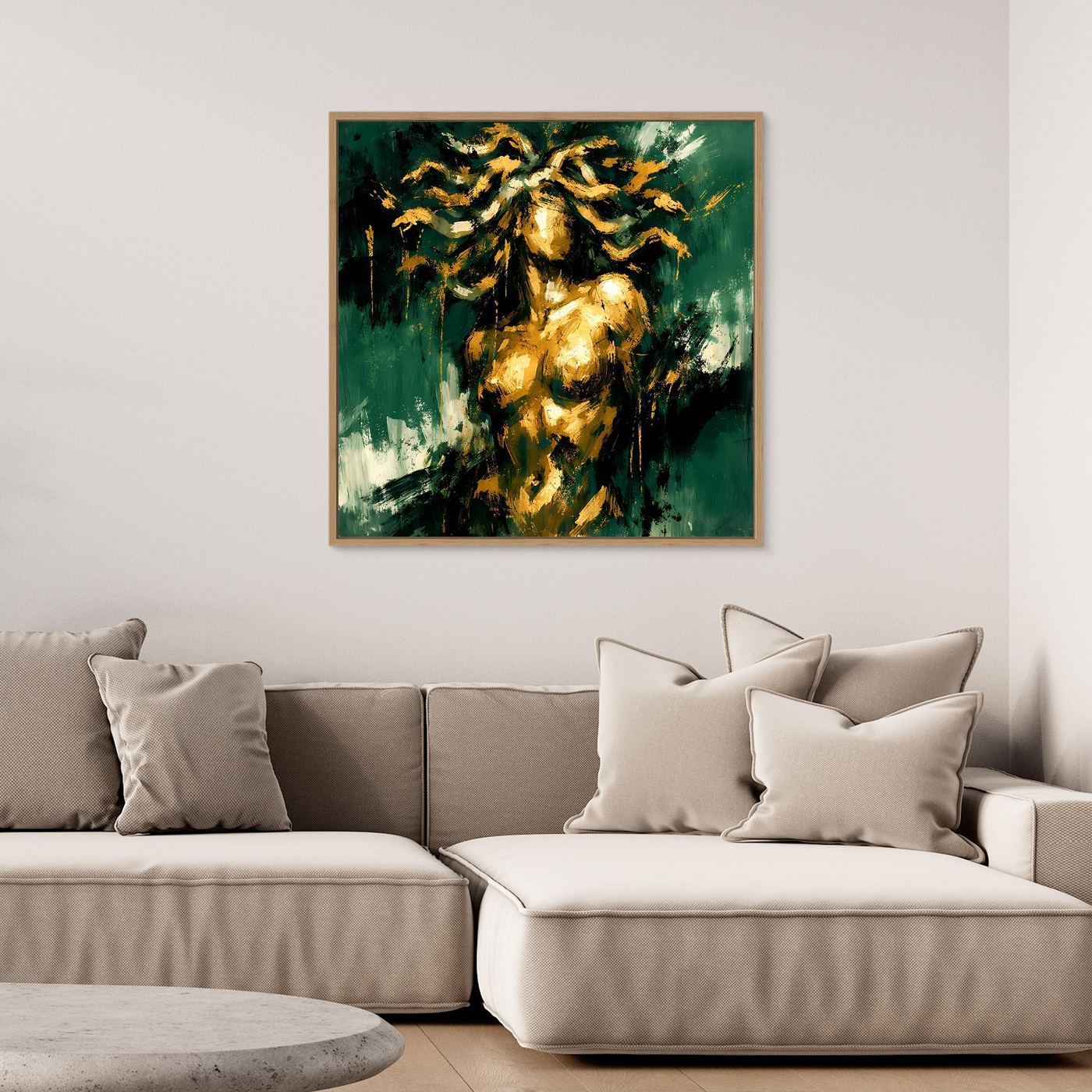 Leinwand Mystische Medusa in Smaragdgrün | Abstraktes Mythologie Wandbild Gold